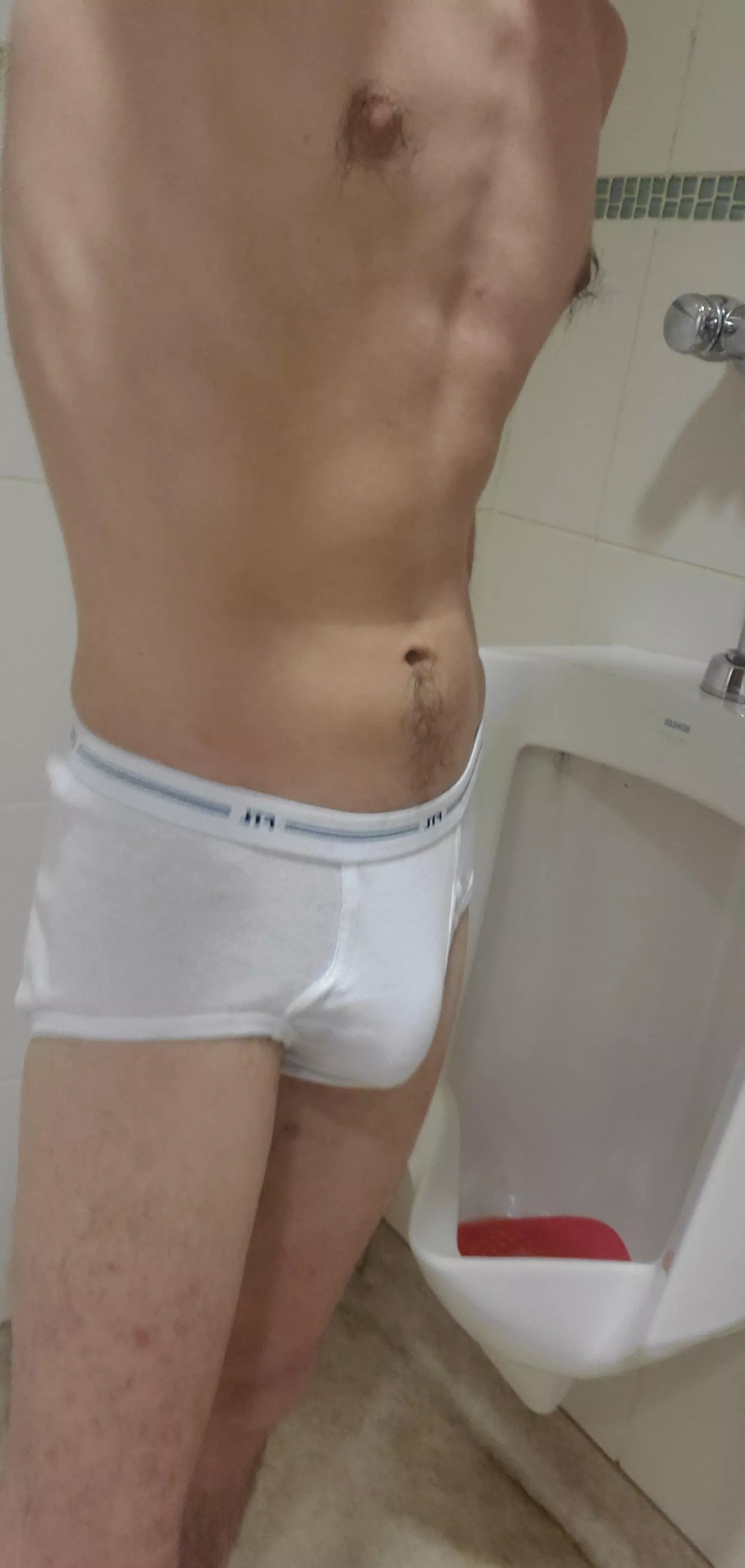 (26) I love to strip down to my tighty whities and pee at the urinal, and the risk of getting caught by a real man is all the more exciting.