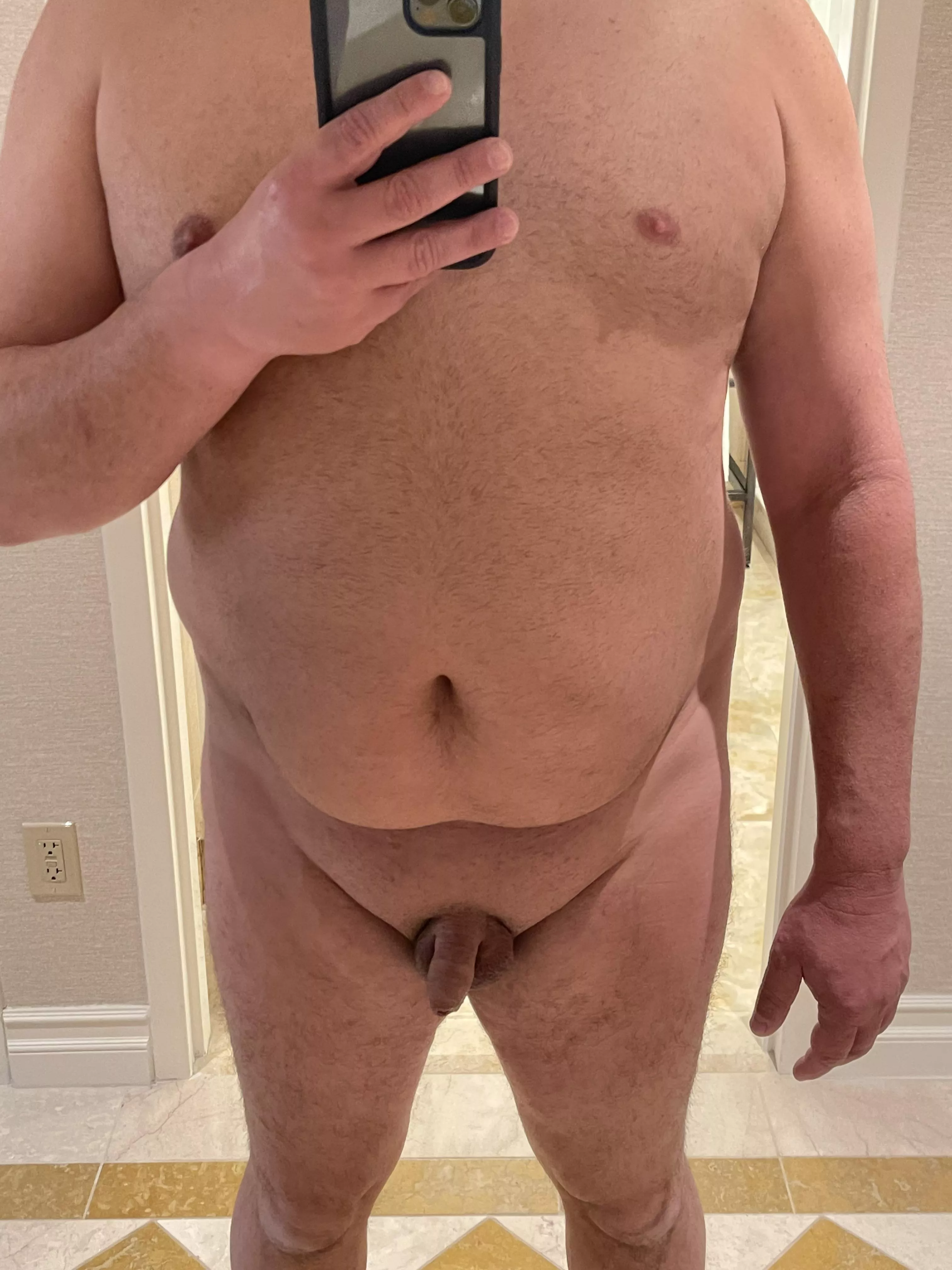 44 5’10 270lbs. Small and uncut.