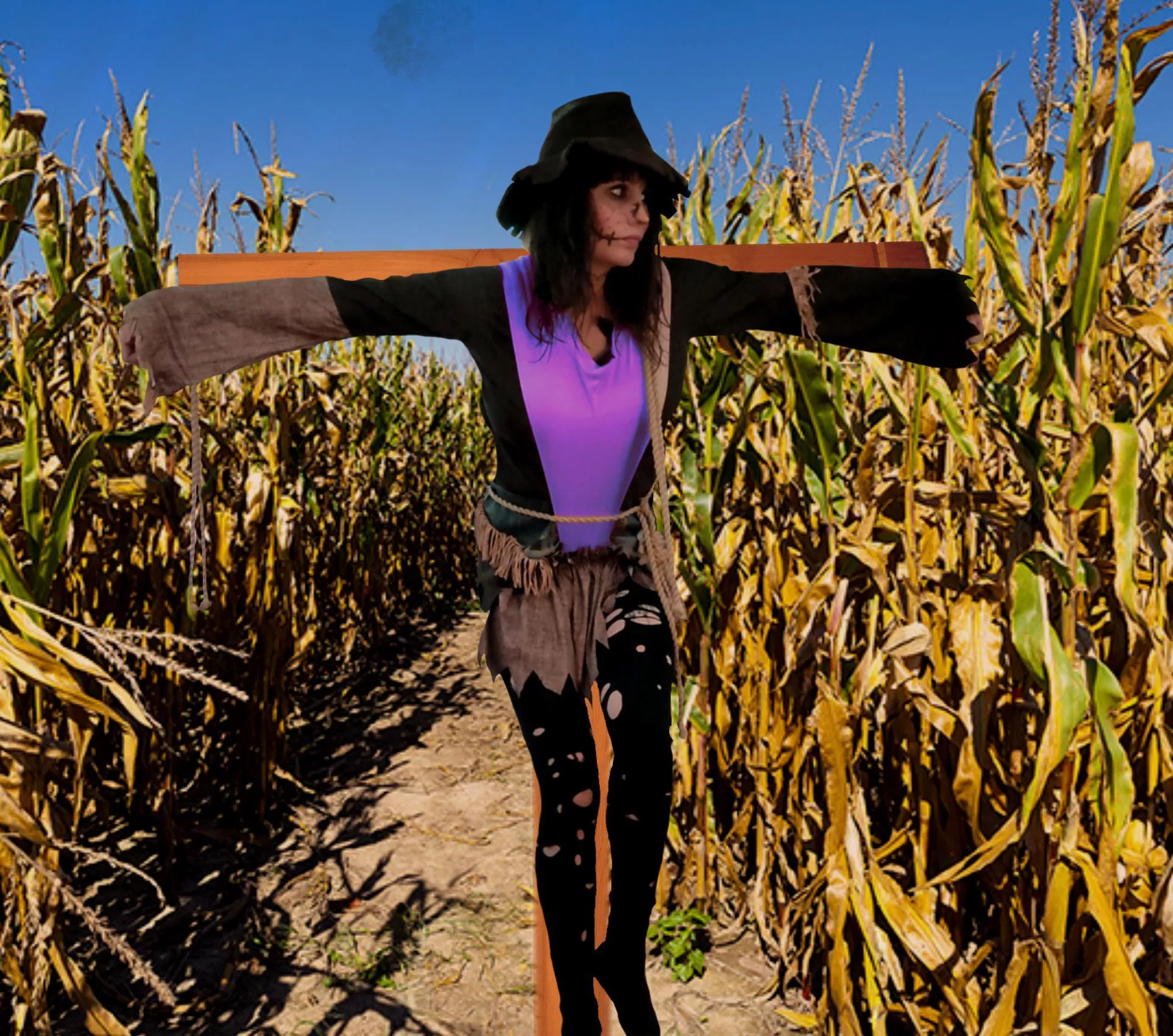 A dorky scarecrow does her best even if her panties are pulled up high making her less 