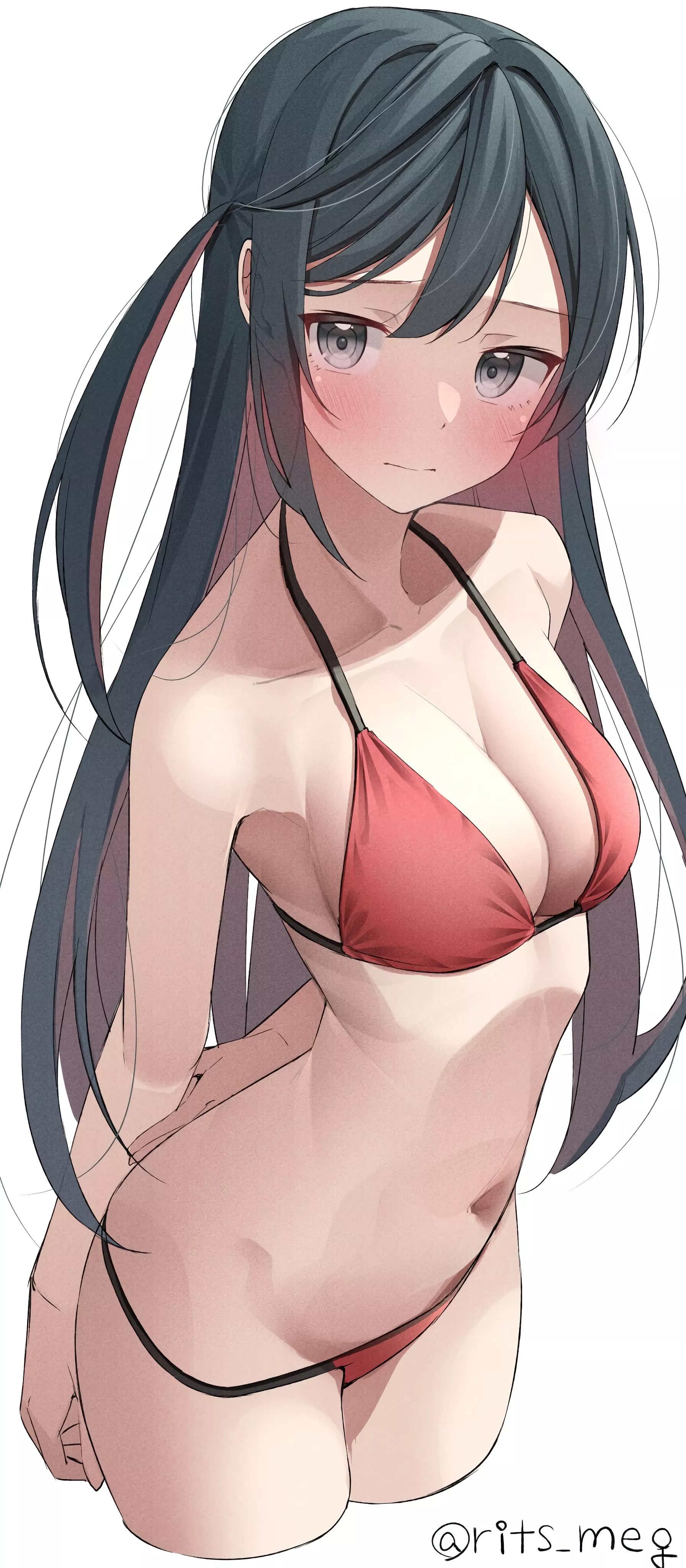 A little shy about her red bikini