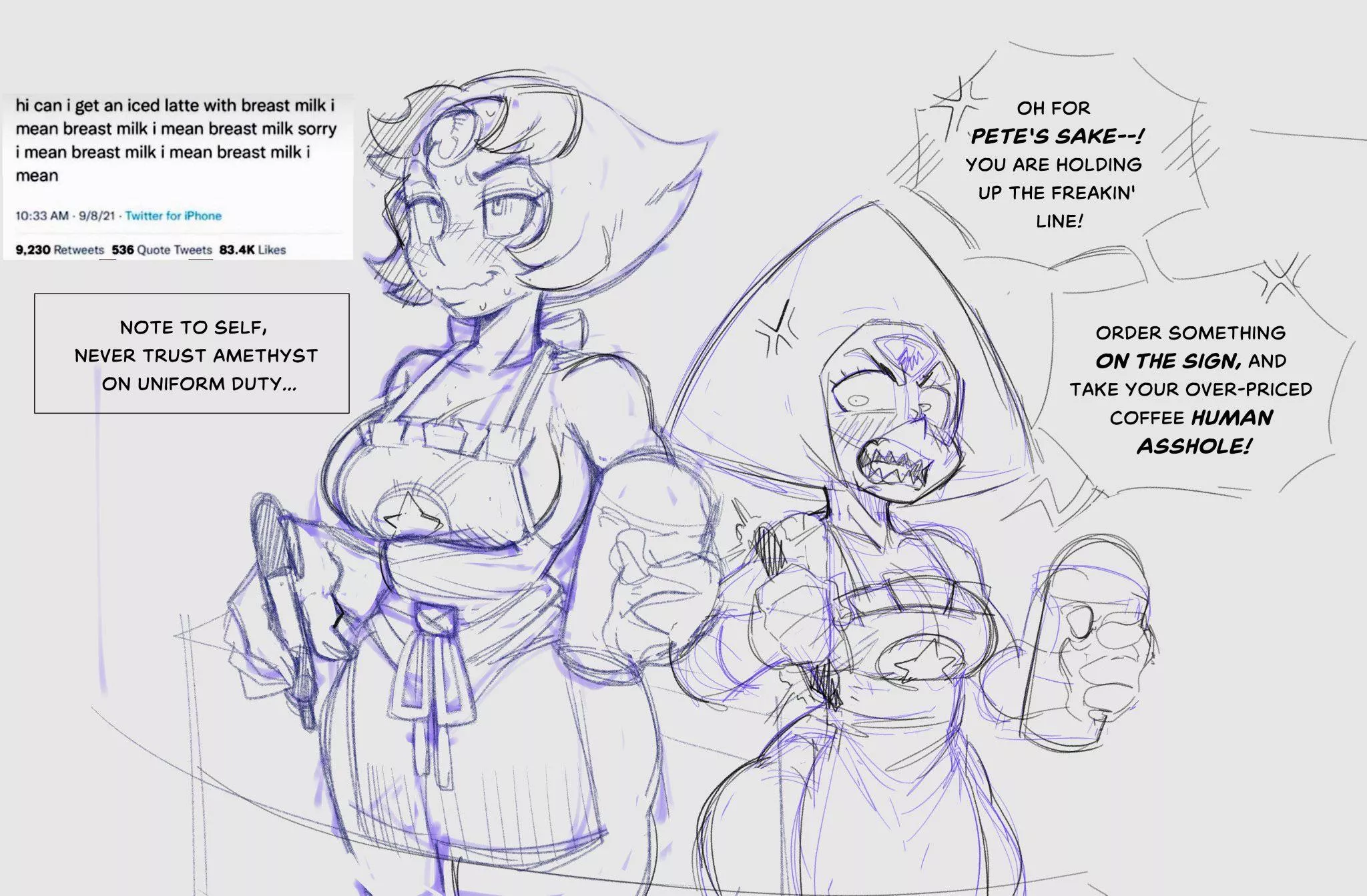 A Starbucks meme sketch featuring Pearl and Peridot (art by INK01_)