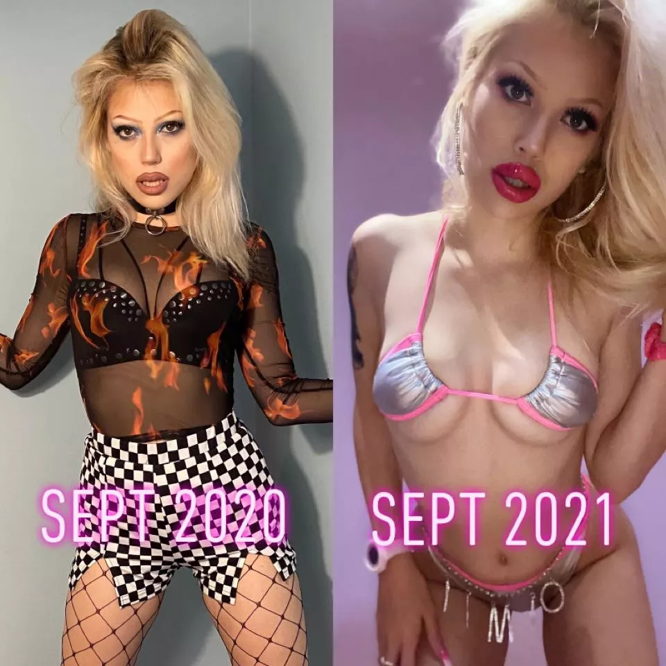 A year apart!!! Haven't I turned into a cute lil bimbo fucktoy!! What should b my next bimbofication goal?!