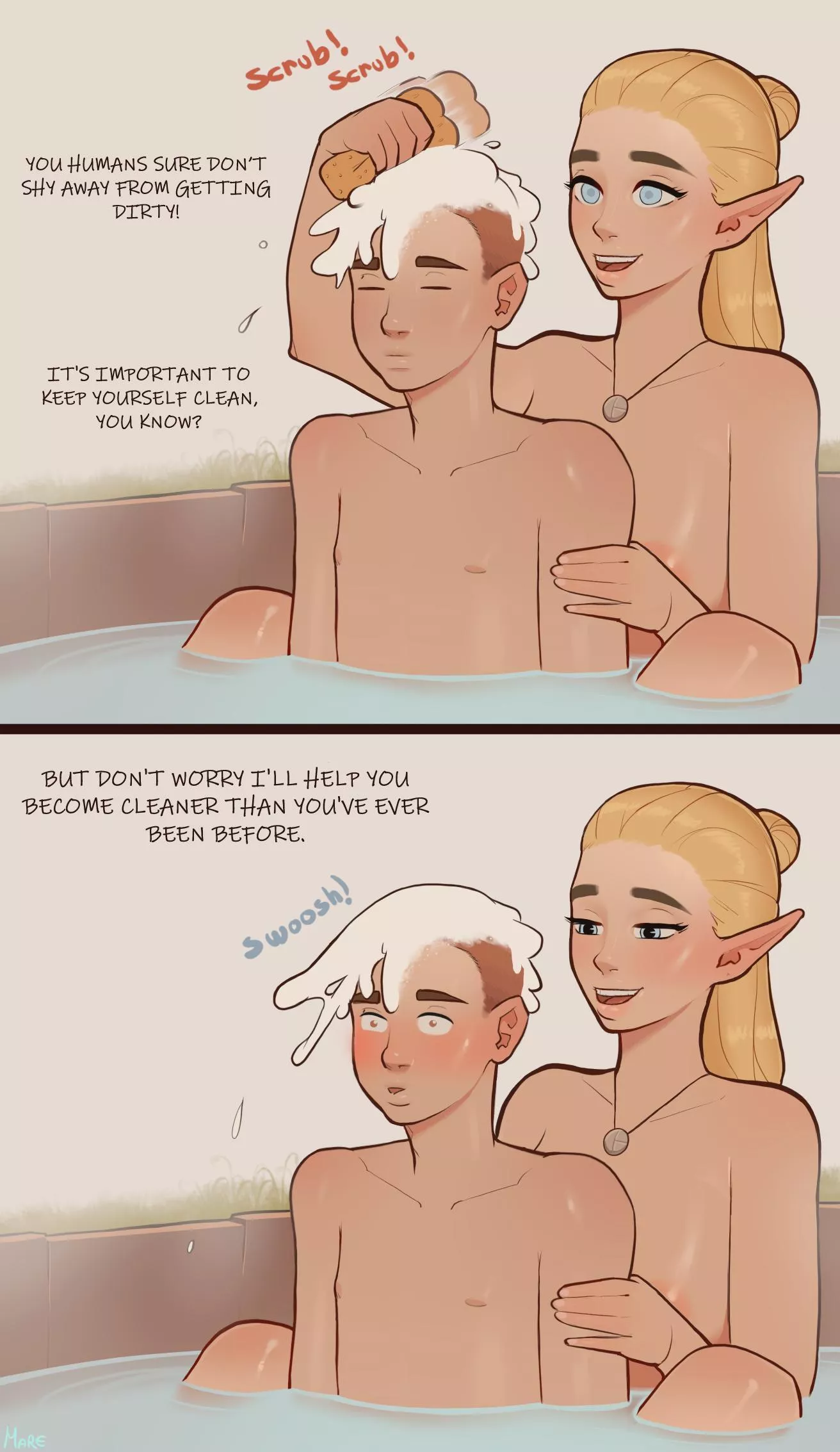 An elf woman bathing a human boy