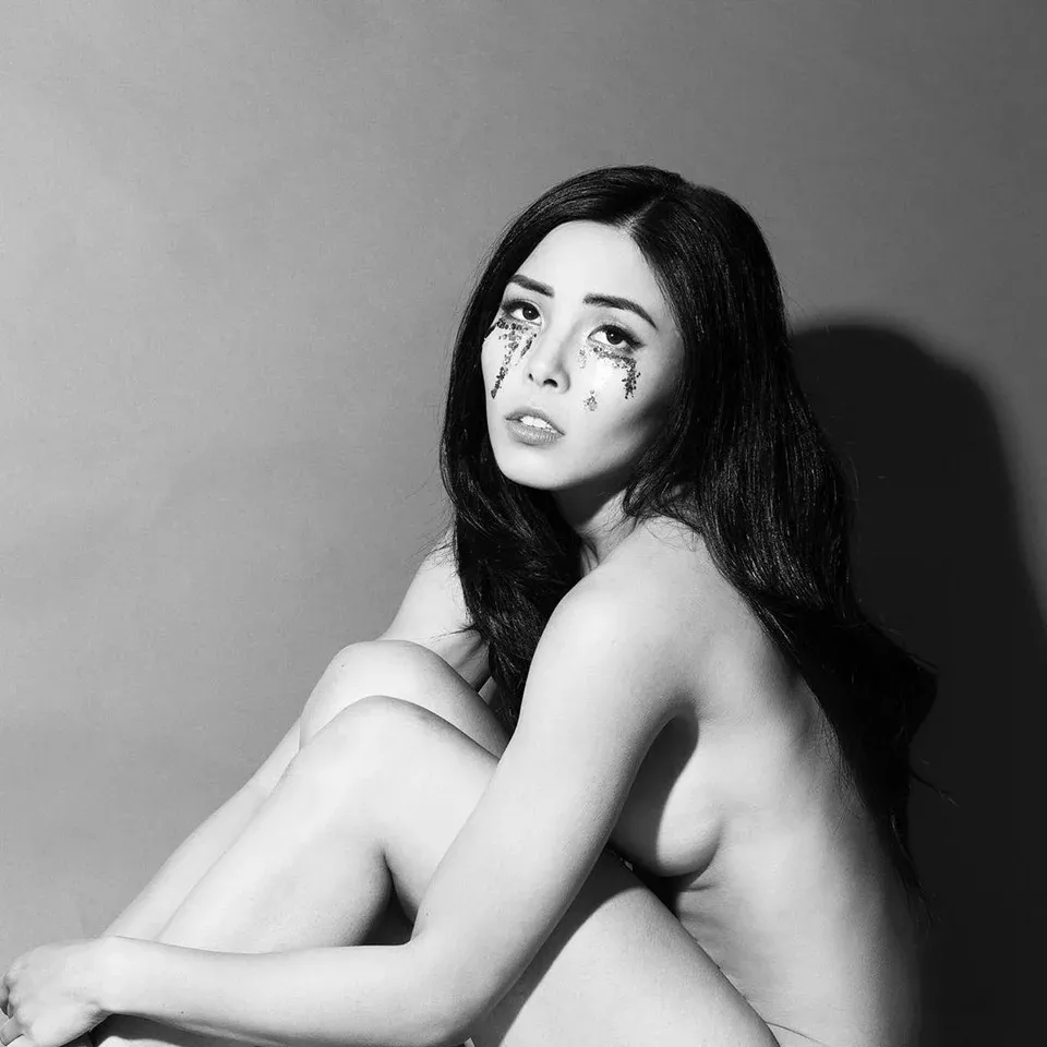 Anna Akana - side boob, b&w