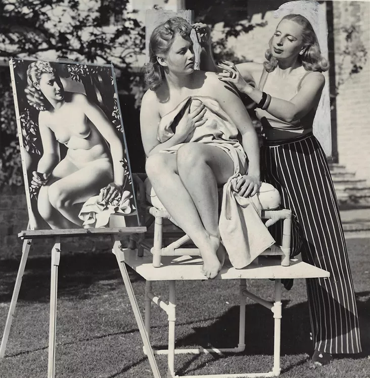 Artist Matches Model To Painting, Tamara de Lempicka and Miss Cecelia Meyers with the painting Suzanne au Bain, 1940