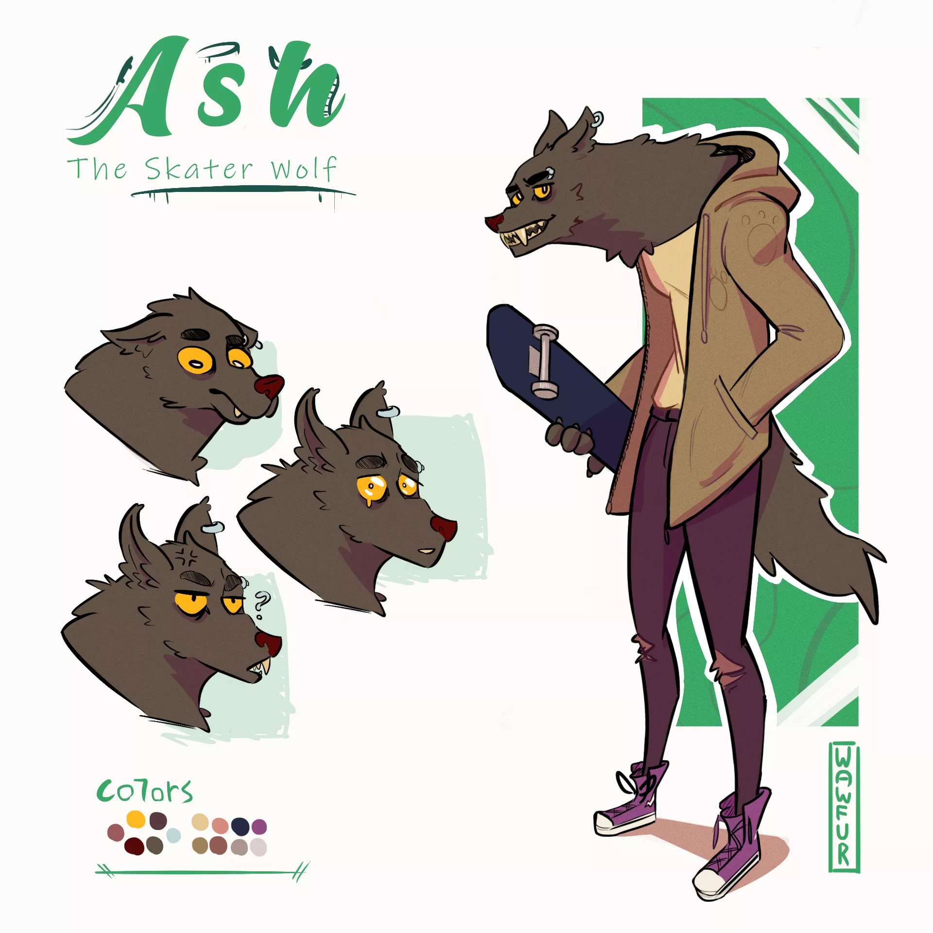 Ash, The Skater Wolf (Simple Char Sheet for this Cool boooi, art by me -> @wawfur)