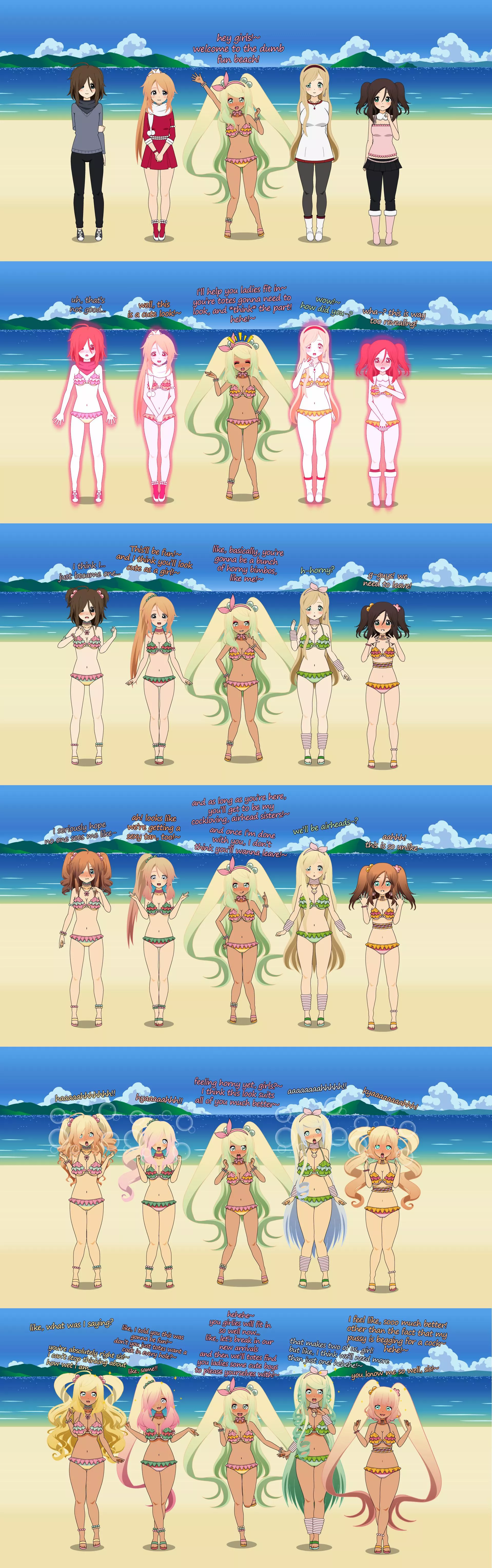 Beach Bimbos (MTF/FTF, Human -> Bimbo, Hypnosis/Mind Alteration, Kisekae)