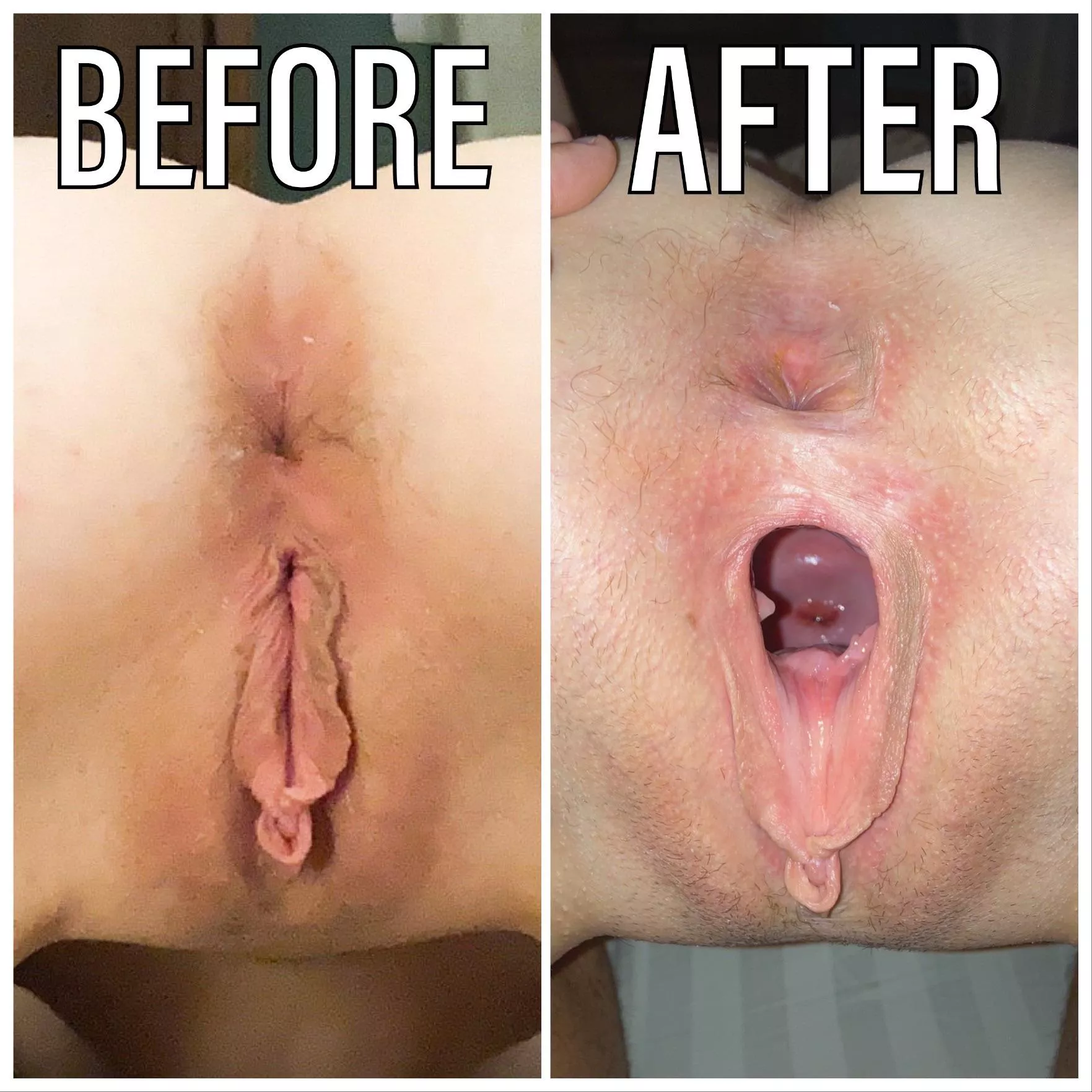 Beautiful before/after shot of one of my favorite sluts after my big thick cock put some seriously mileage on her hole. Check out that cervix shot. Show her ruined pussy some upvote/comment love.