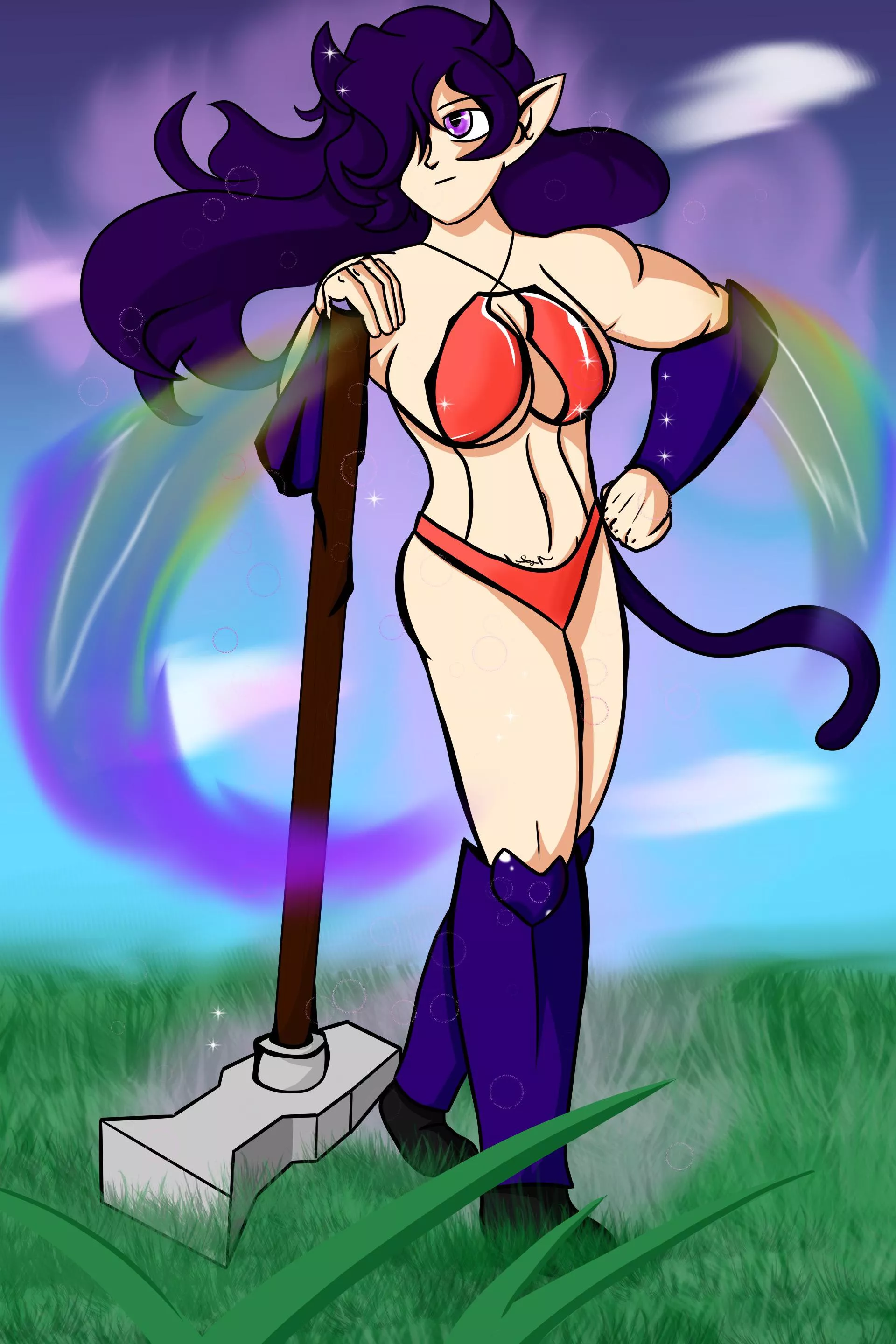 Bikini armor half elf demon with a cat's tail