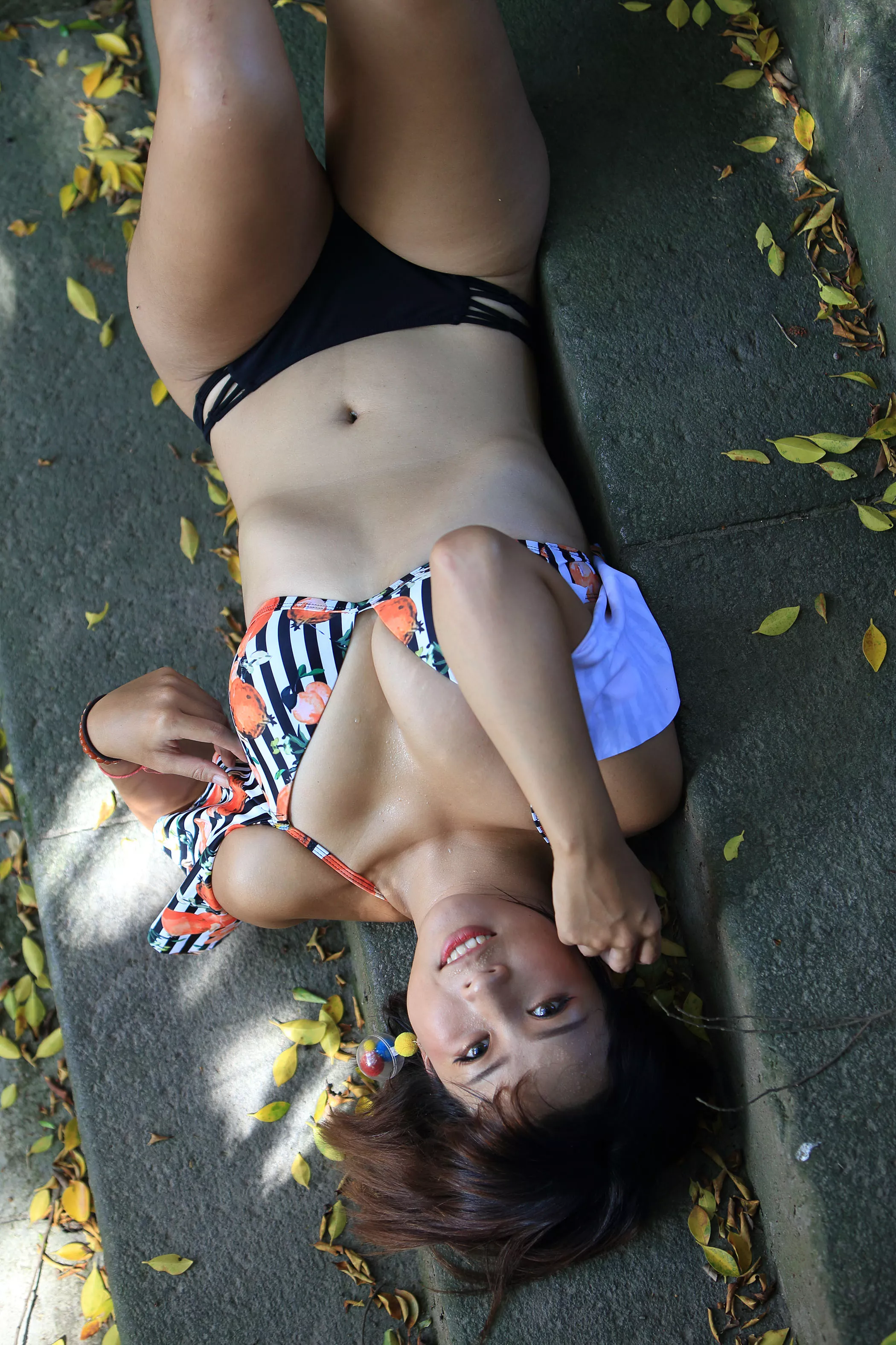 bikini, stairs, leaves