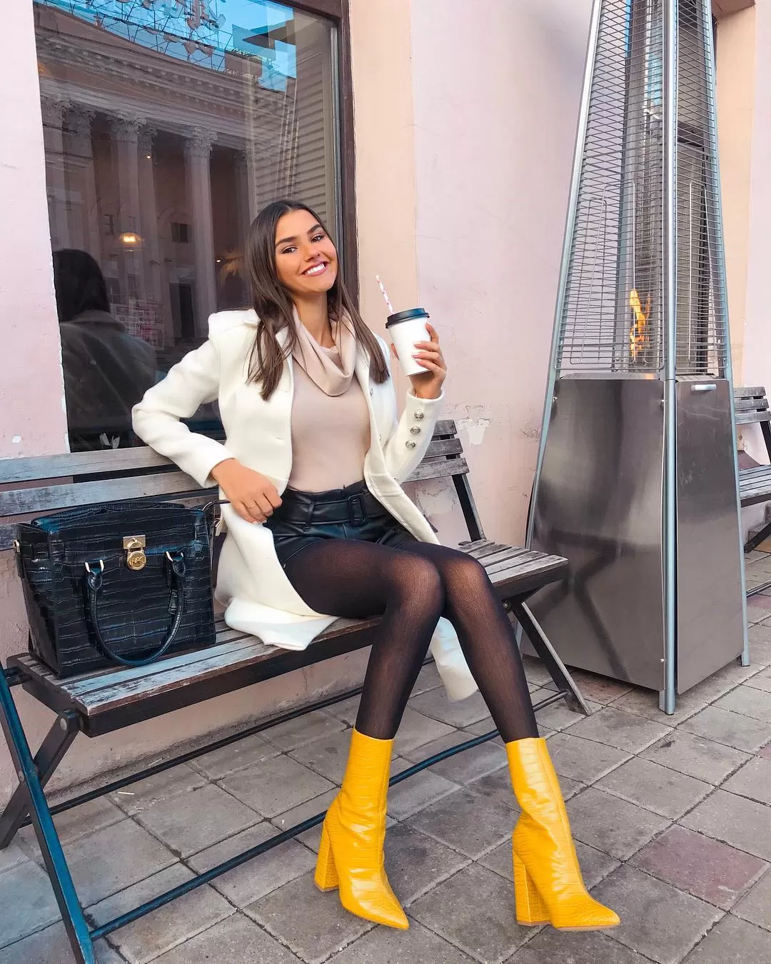 Black tights, yellow boots