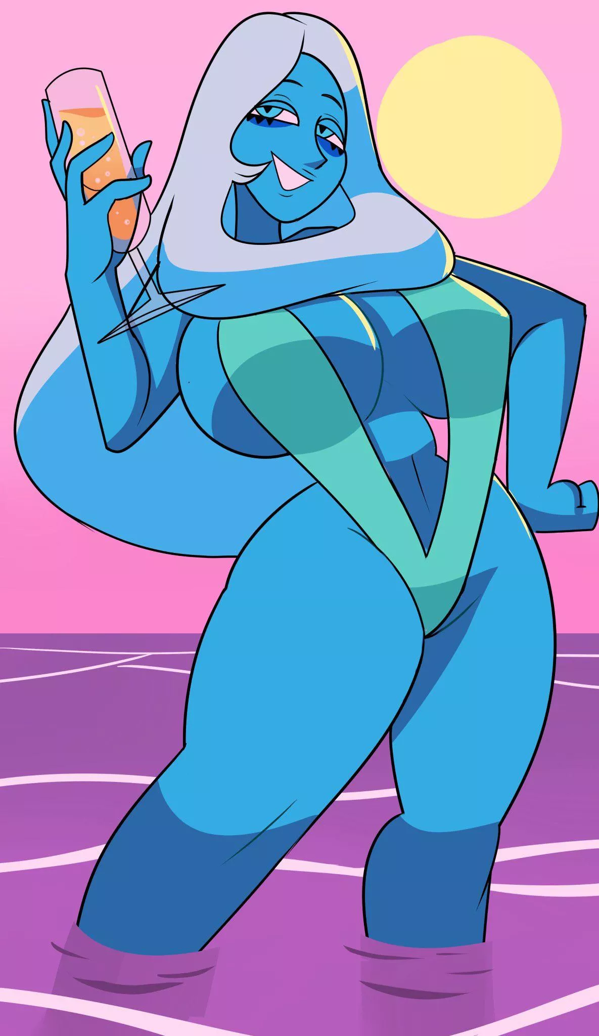 Blue Diamond, wearing a new swimsuit and having a drink in the ocean (art by SuperSpoe)