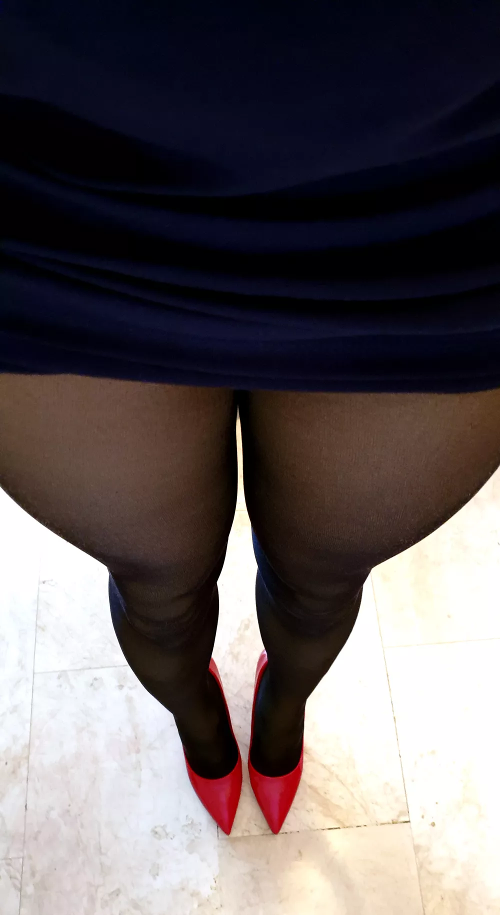 blue mini skirt and red heels, what do you think?