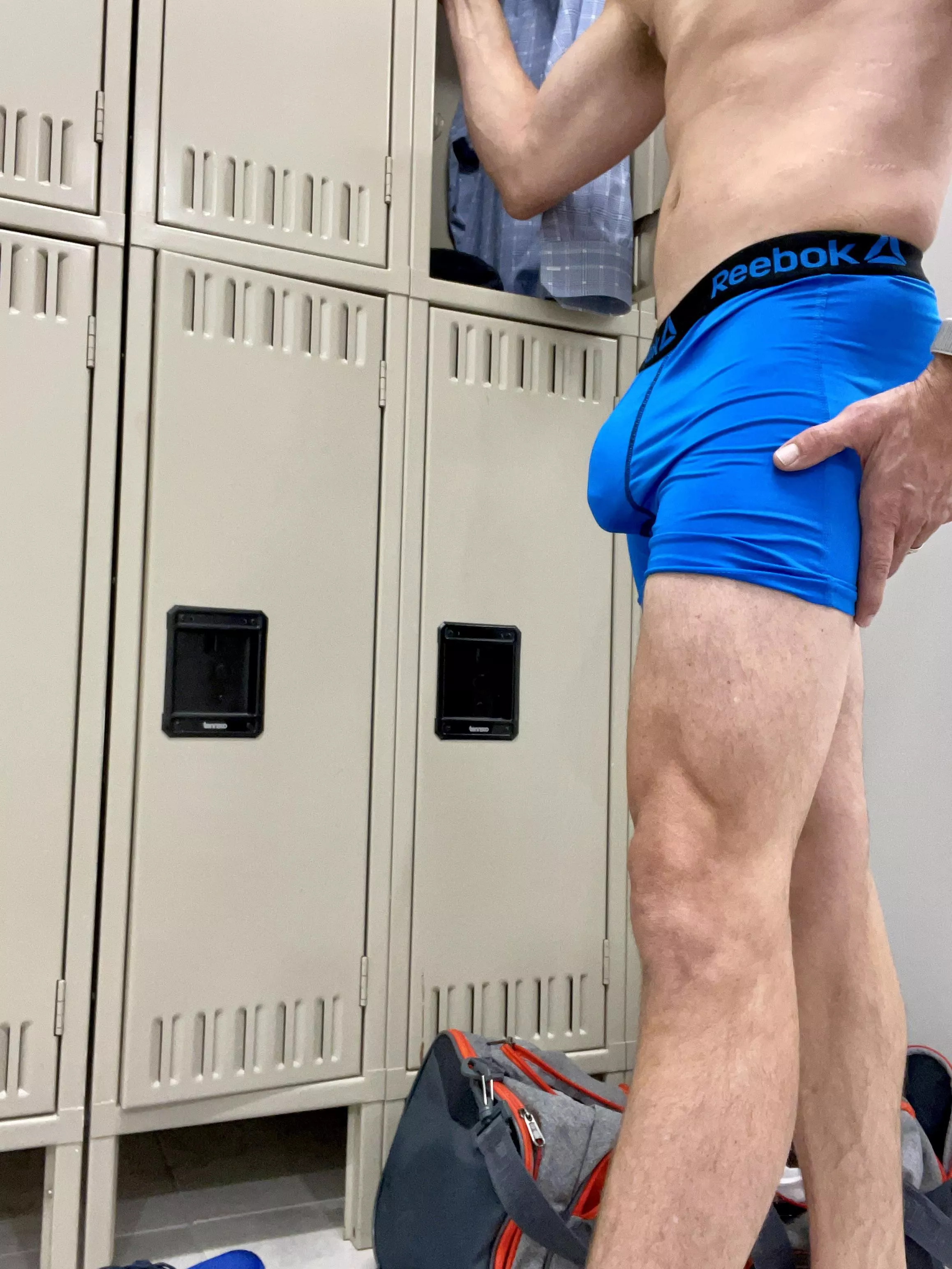 Blue undies in the locker room