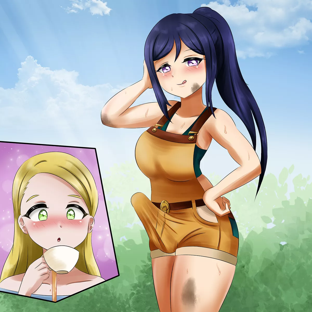 Blushing at her newly hired futa maid and gardener