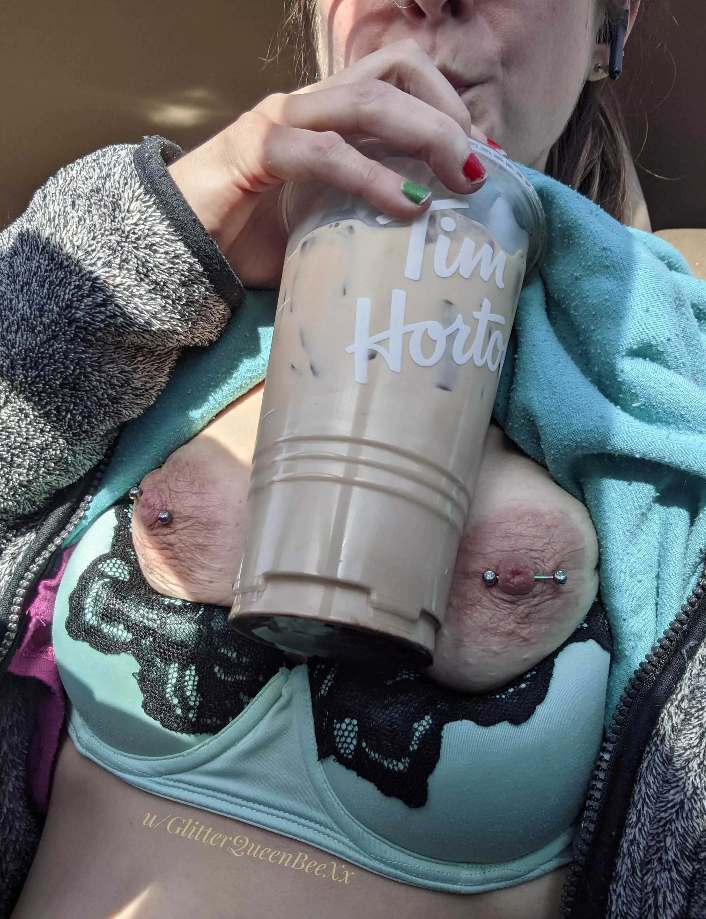 Can you spot me drinking my coffee with my tits out in the parking lot?