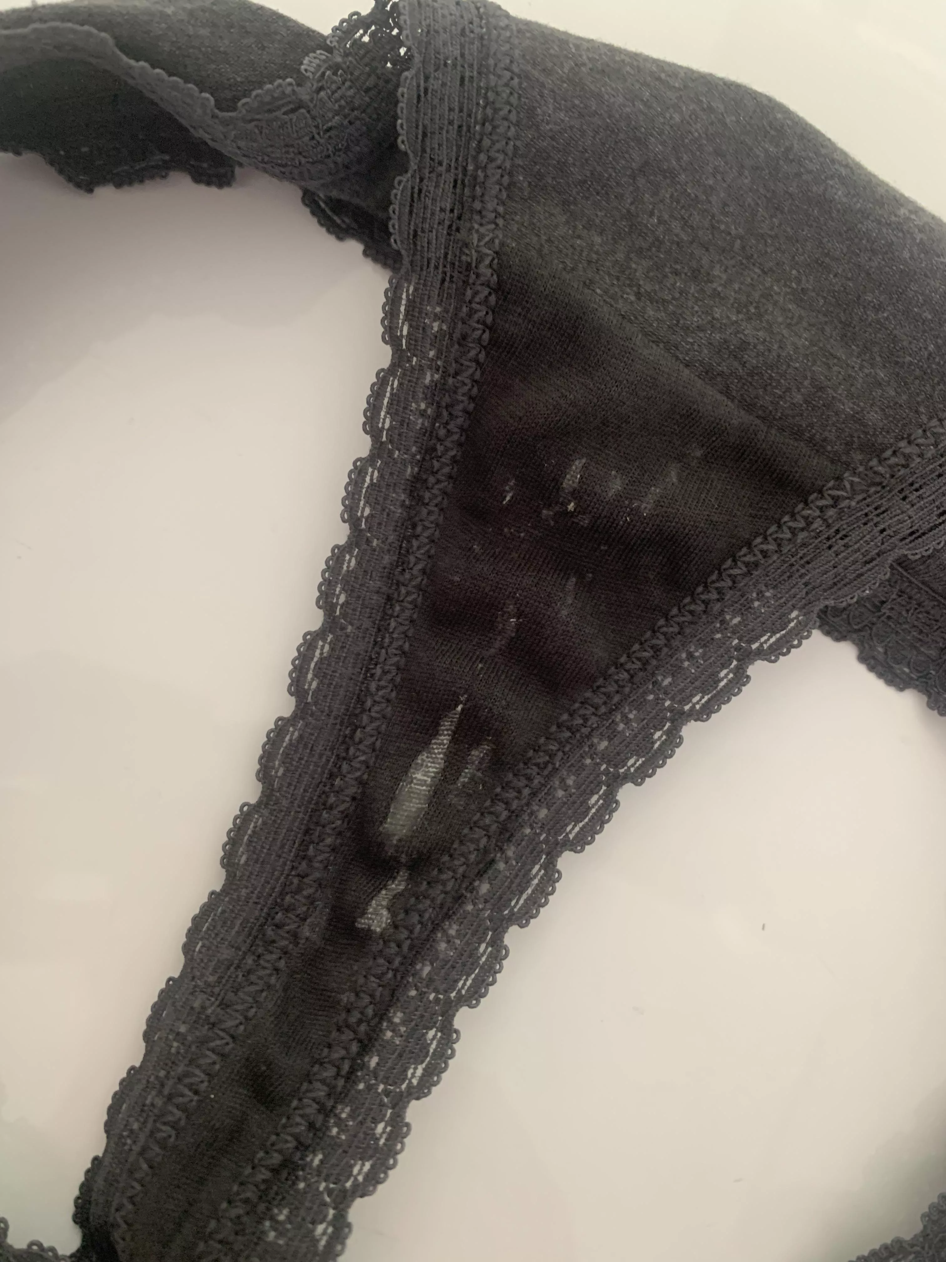 Charcoal cotton thong with lace trim Worn for 24 hours and ready to wear for 24 more ! 😘