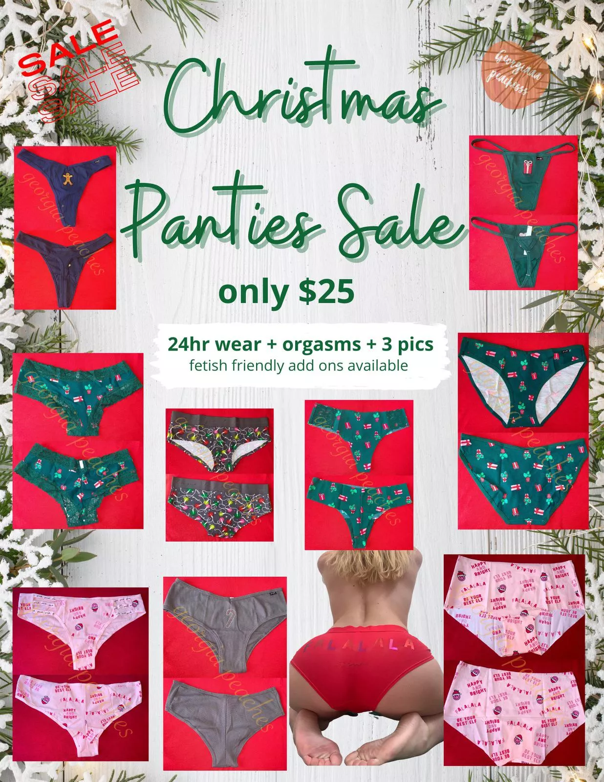 â¤ï¸ðŸ’š CHRISTMAS PANTIES SALE ðŸ’šâ¤ï¸ treat yourself to a pair of my delicious christmas panties for just $25 ðŸŽ 24hr wear + orgasms + 3 picsðŸŽ„fetish friendly add ons availableâœ¨ [PTY] [SELLING] [US] kik: georgiaa.peachess