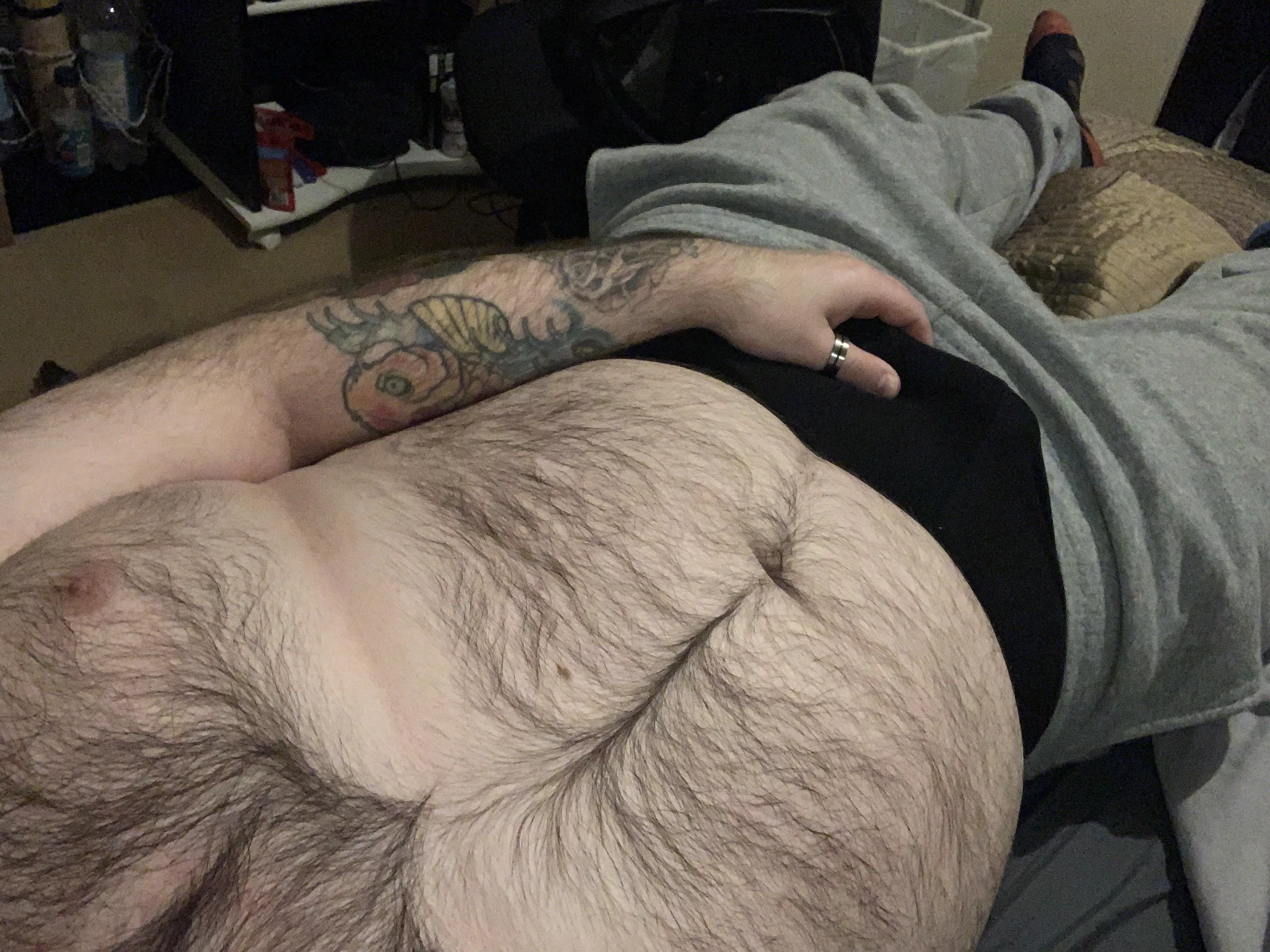 Chubby, hairy, grey sweats and a boner. Can I offer you anything else?