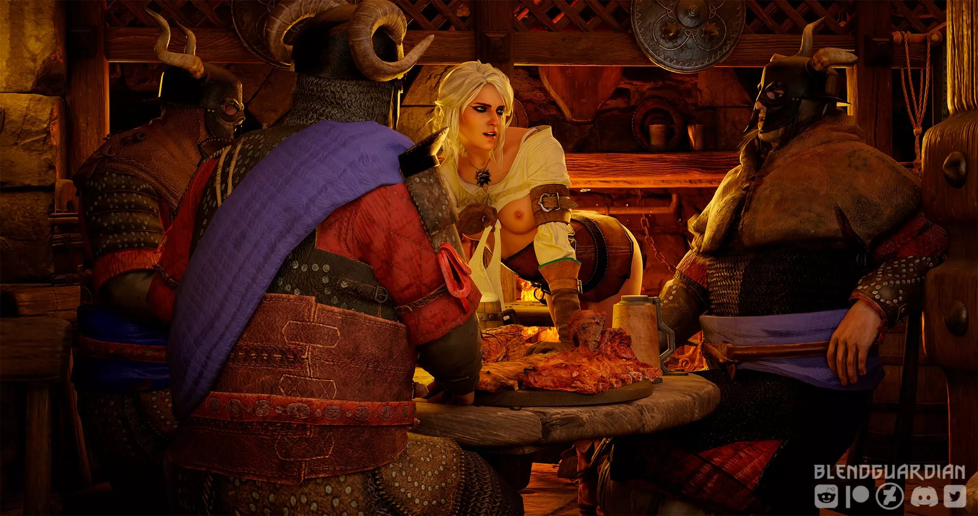 Ciri being friendly at the tavern (BlendGuardian)