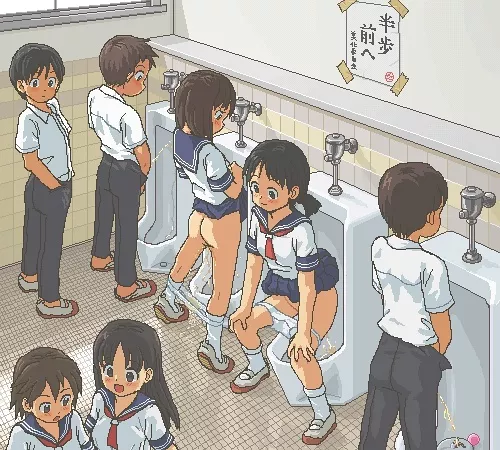 Co-ed bathroom cartoon--I love the look of concentration on the girl that's standing....