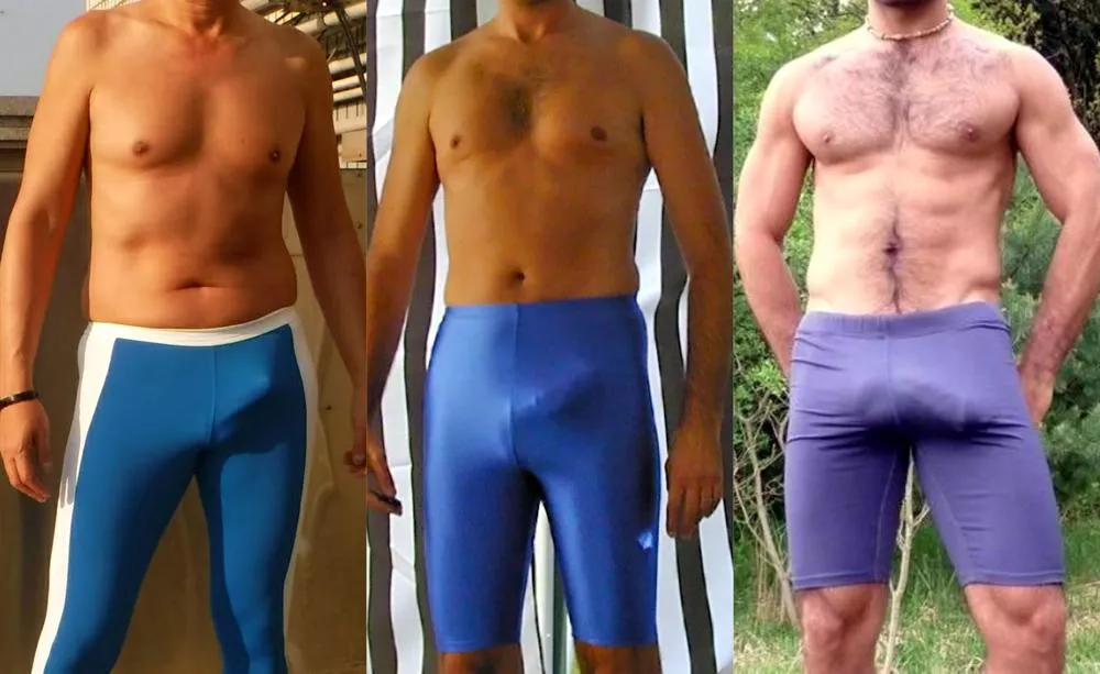 collage of men in blue running tights with bulges