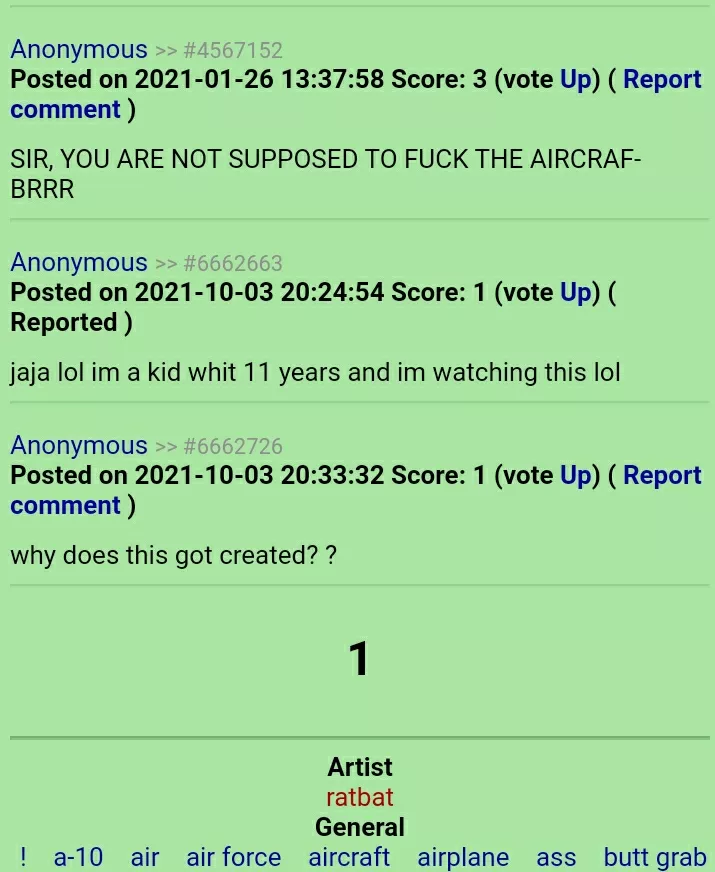 comments on a Rule 34 post with someone having sex with an A-10 with robot arms and eyes.