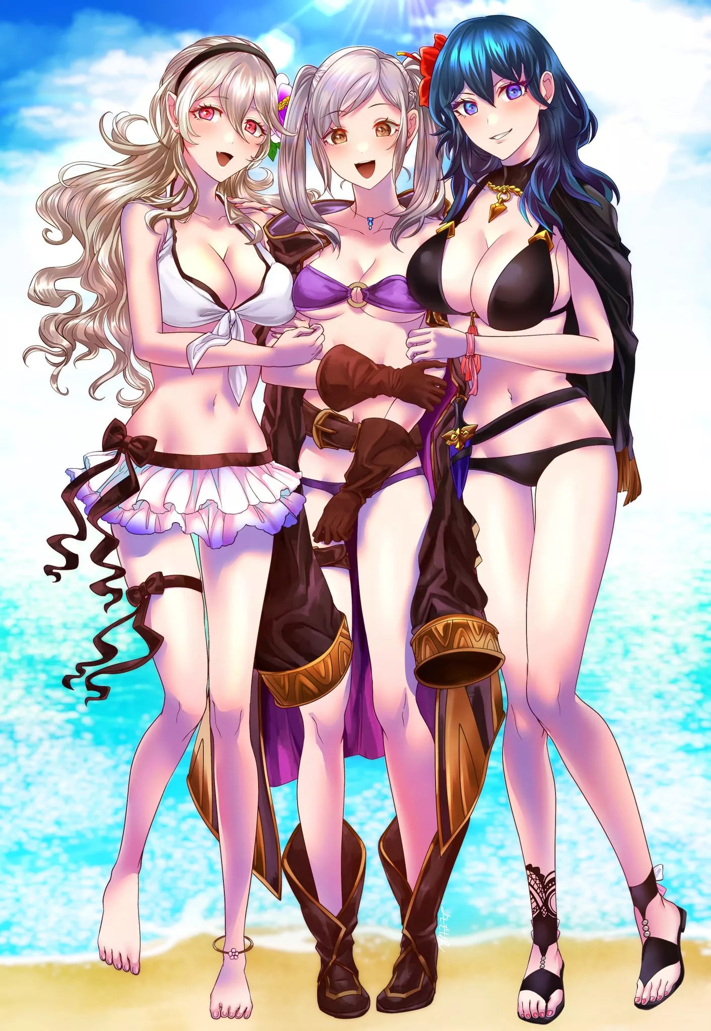 Corrin, Robin, and Byleth at the beach (@Whatthehell042)