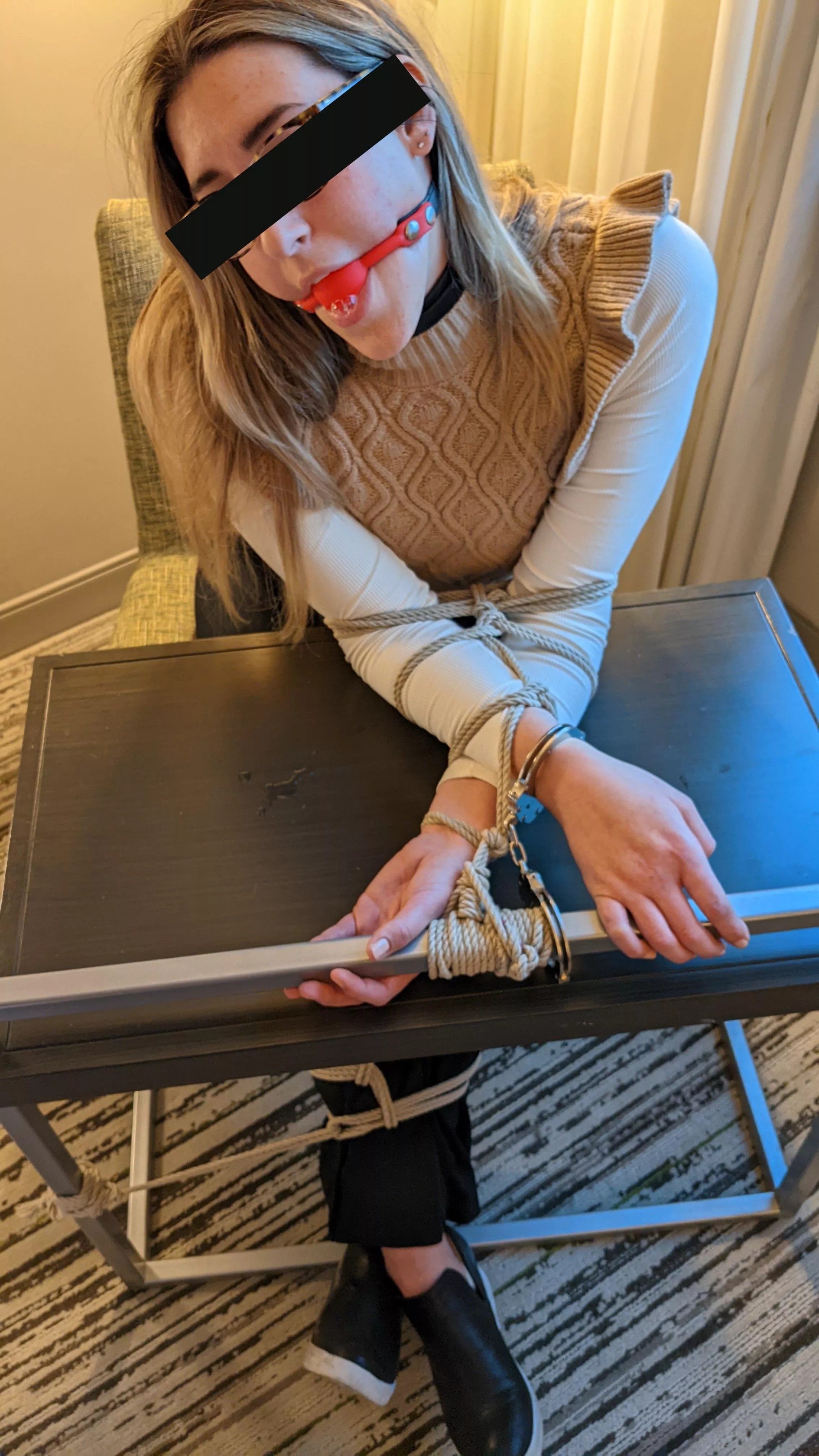 Daddy tied me to the hotel room desk while he had his business dinner. He said he will come get me [F]or the after-party..