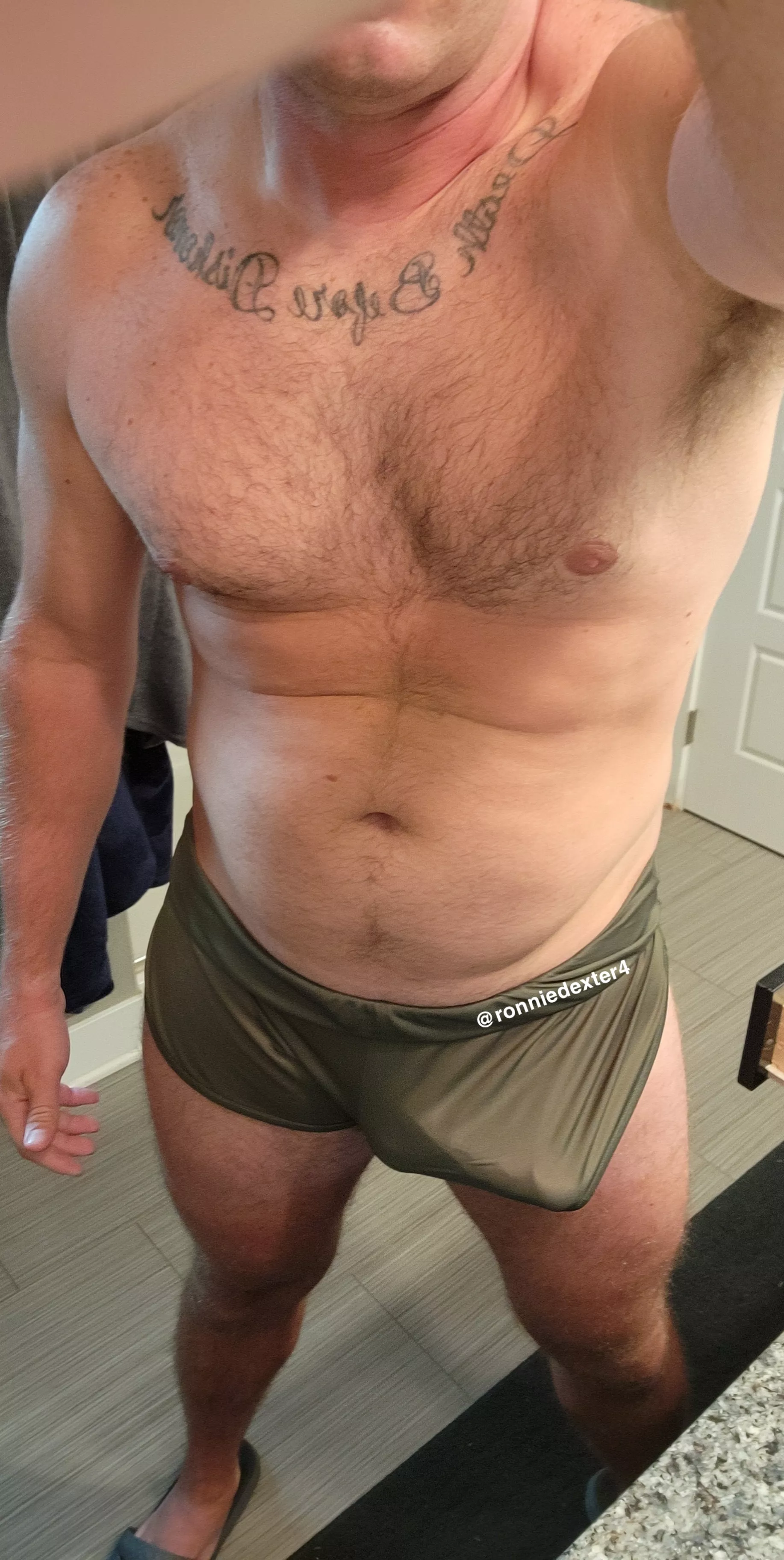 Dad's running shorts bulge.