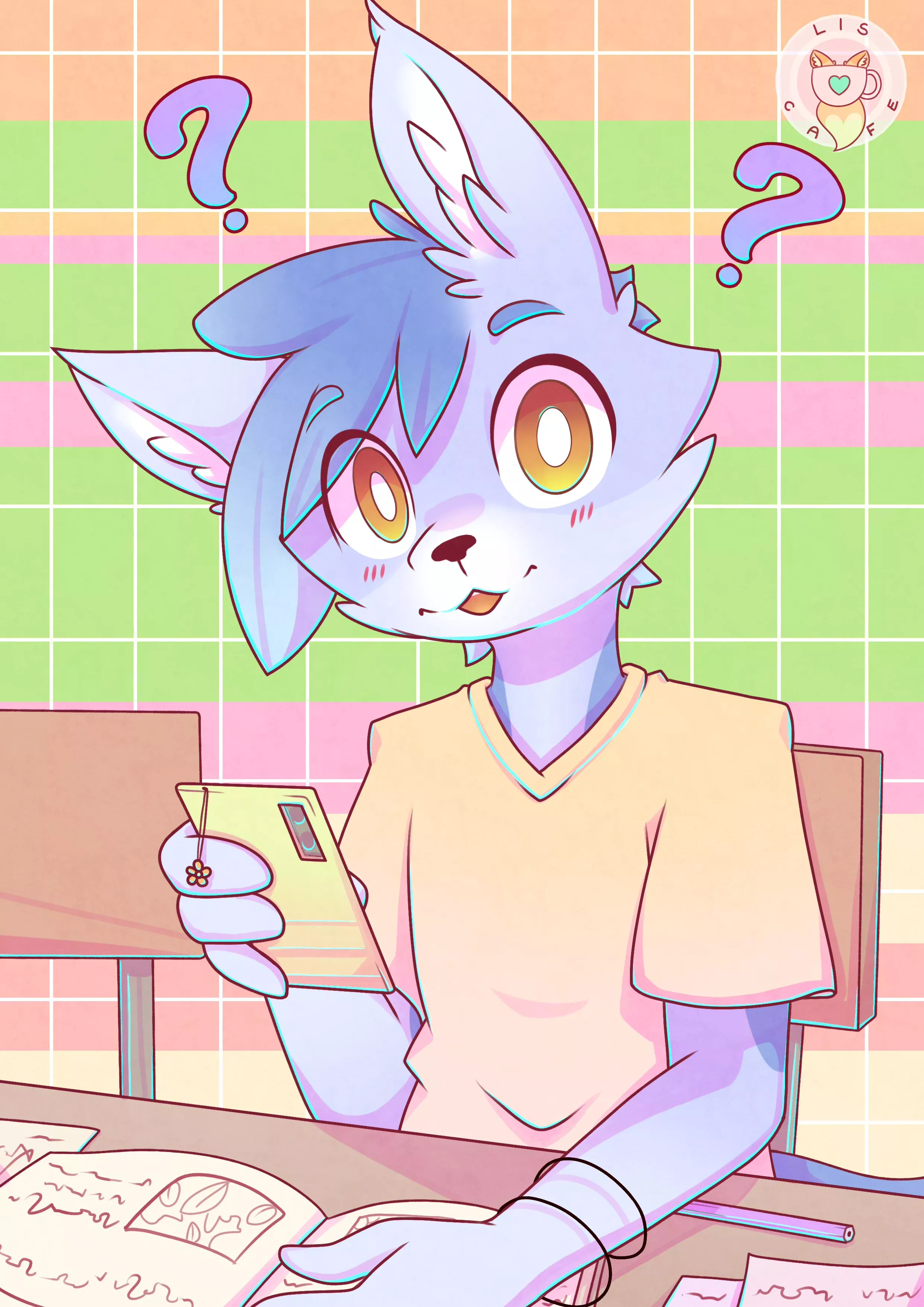 Daily furry drawing ; Day 5 - Studying (Twitter: @LisCaffe)