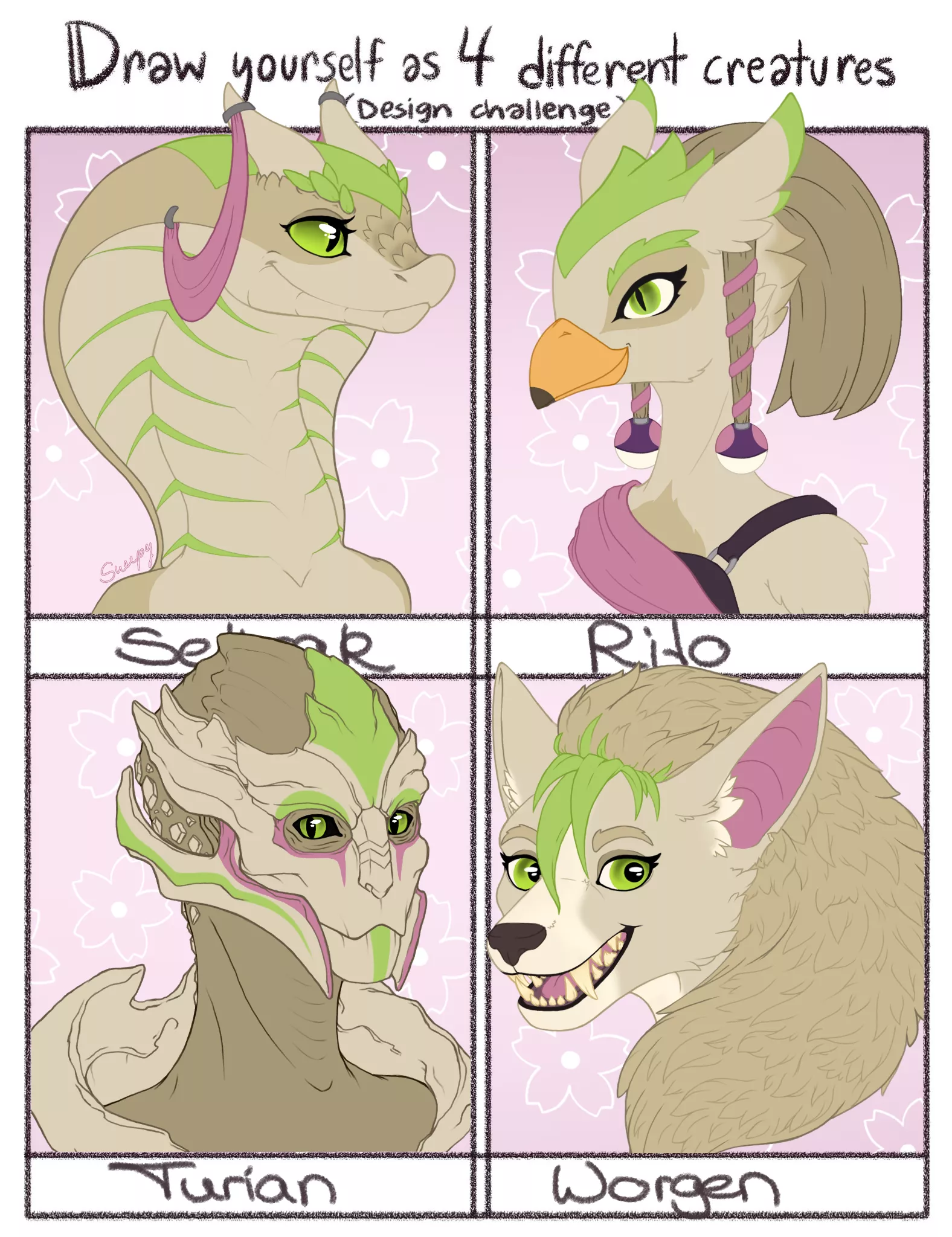 Did the four creature Template with my Mewtwo OC and changed her into a Sethrak, a Rito, a Turian and a Worgen. (art by me, @sneepydraws on Twitter)