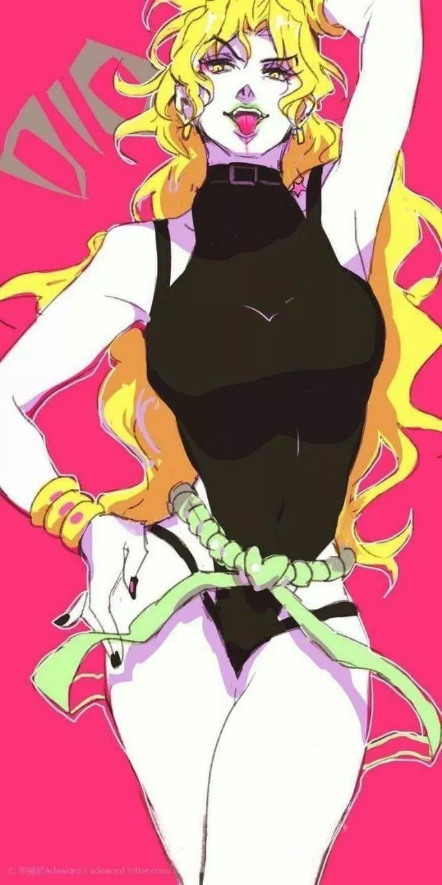 Dio with her armpits, arm up, big breasts, black leotard, bracelets, choker, green lips, yellow eyes and yellow hair