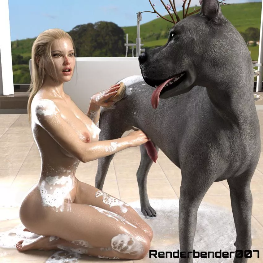 Discovering just how much her dog loves a nice soapy bath... rendering by (renderbender007)