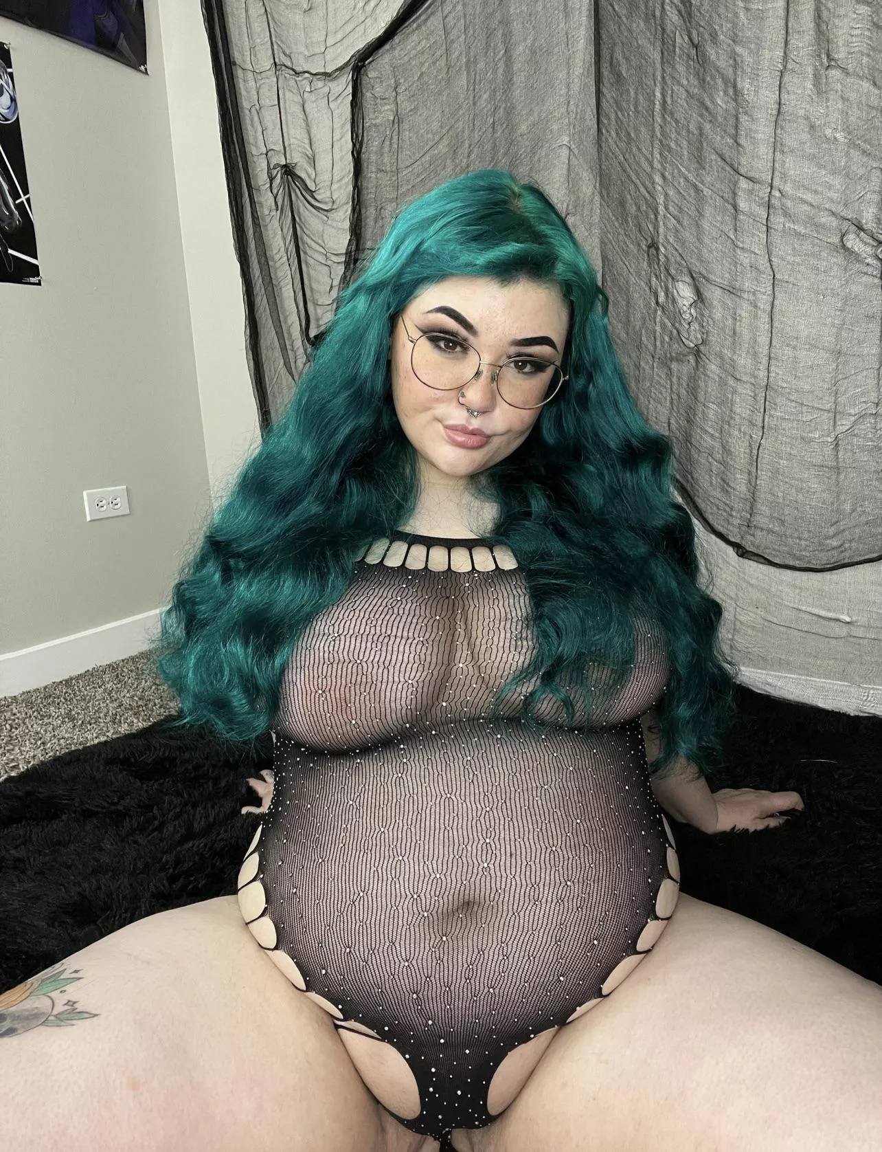 Do you like my new rhinestone fishnet bodysuit? ðŸ¥ºðŸ¥°