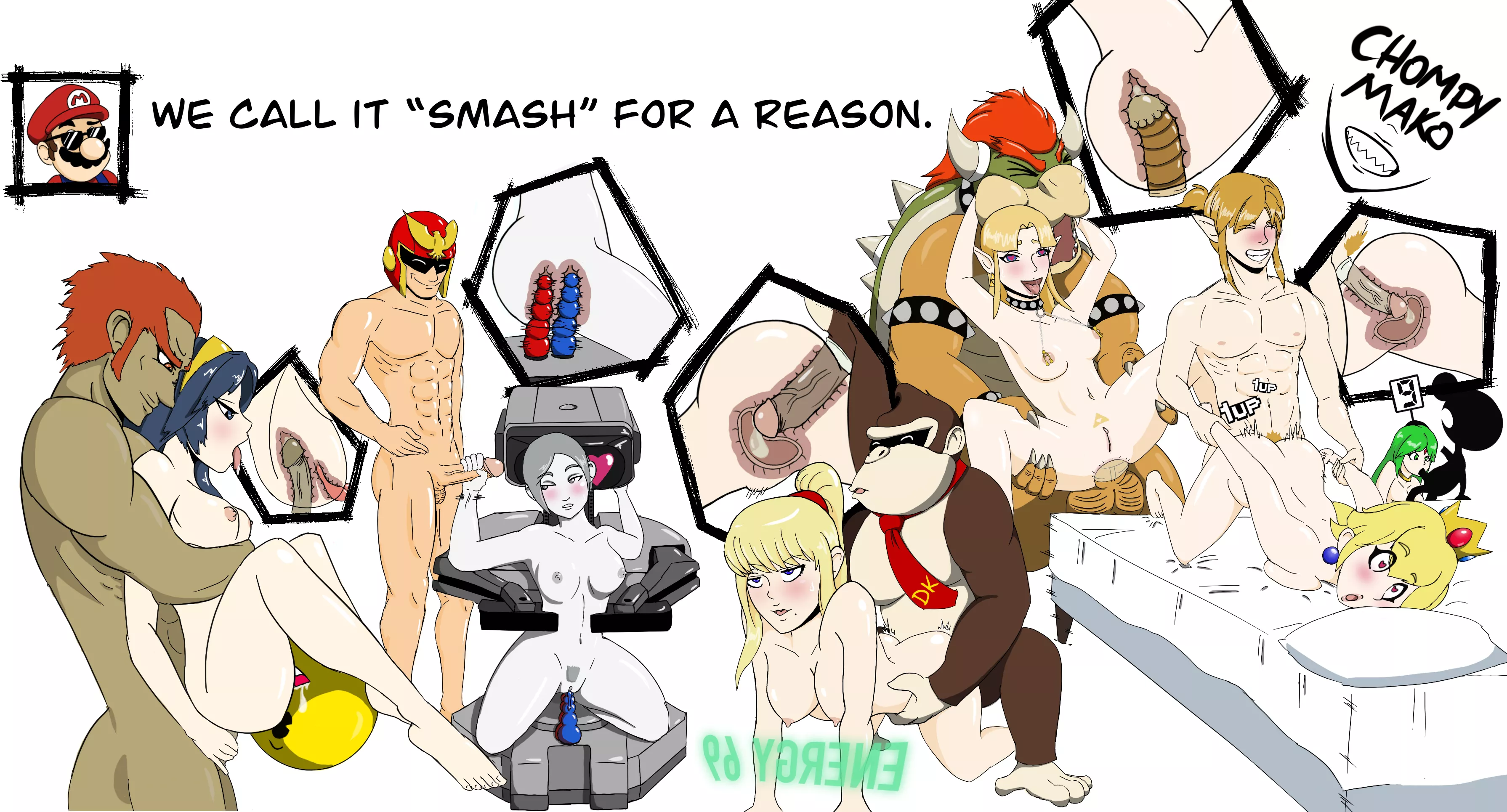 Donkey Kong, Link, Bowser, ROB, Captain Falcon, PacMan, Gannondorf, and Game n Watch, fucking: Samus, Peach, Zelda, Wii Fit Trainer, Lucina, and Palutena. (ChompyMako) OC