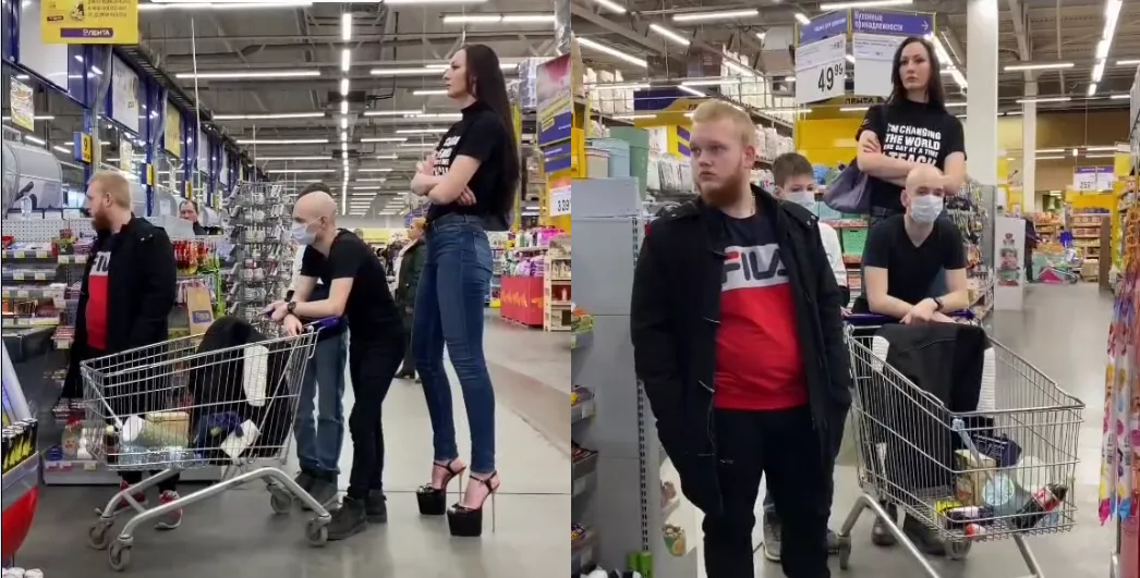 Ekaterina Lisina (205cm /6'9) wearing heels next to short men