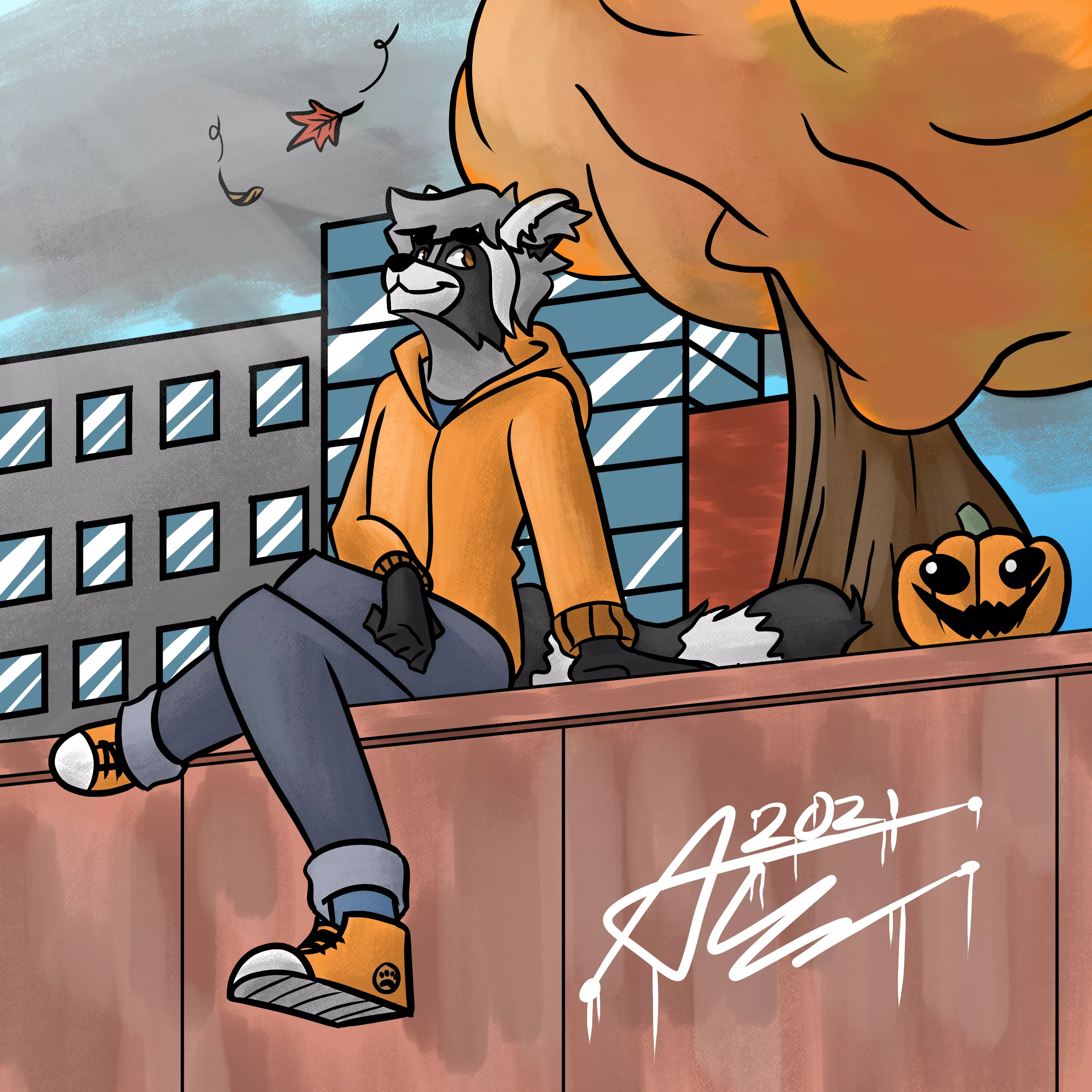 Enjoying the autumn weather. ðŸ ðŸ‚ ðŸŽƒ (Drawn by me @ReytheRaccoon on Twitter)