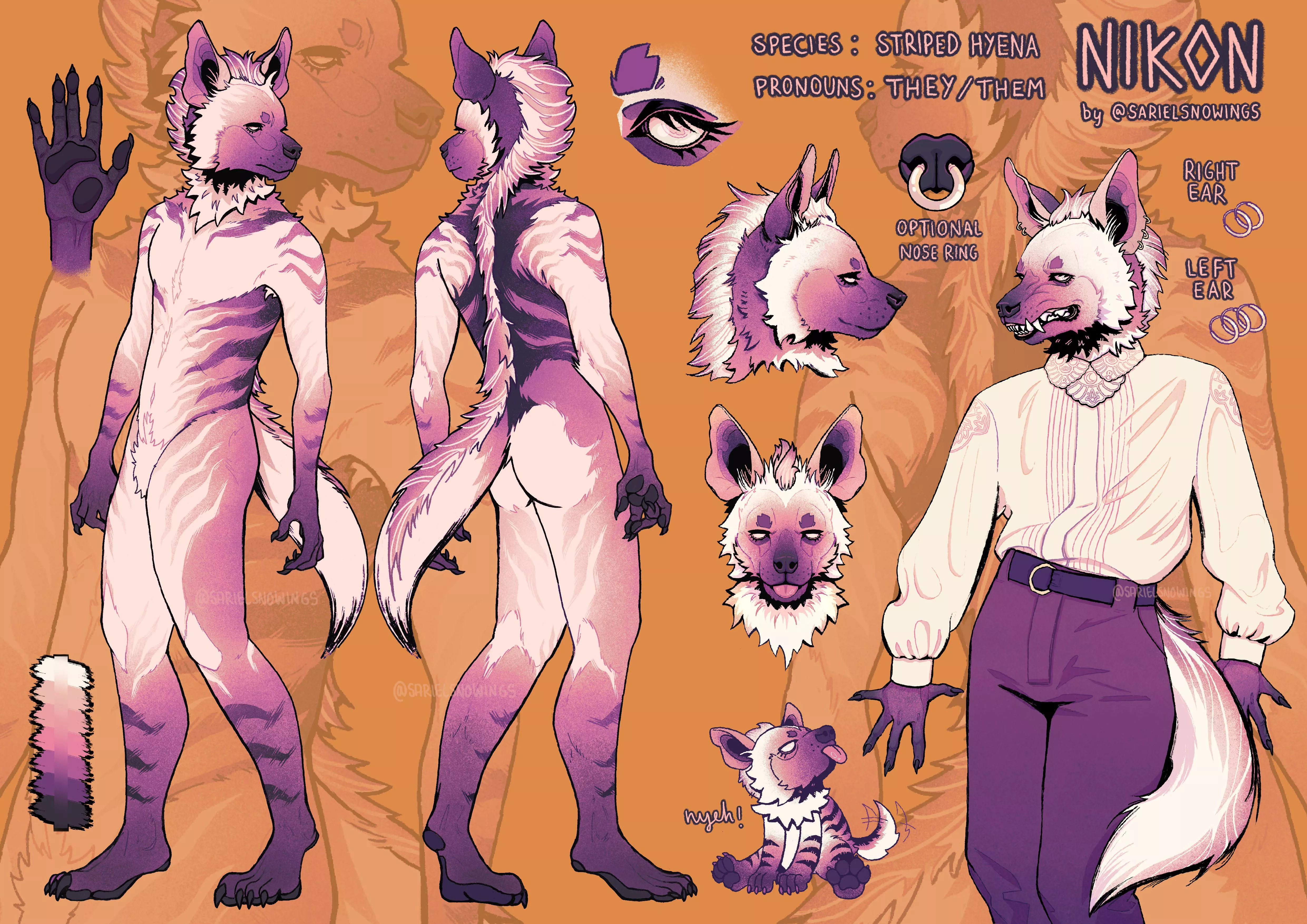 Finally finished the ref sheet for my fursona!! First time making one so thereâ€™s lots to improve, but I think itâ€™s a good start. (Art by me, @SarielSnowings on Twitter/IG)