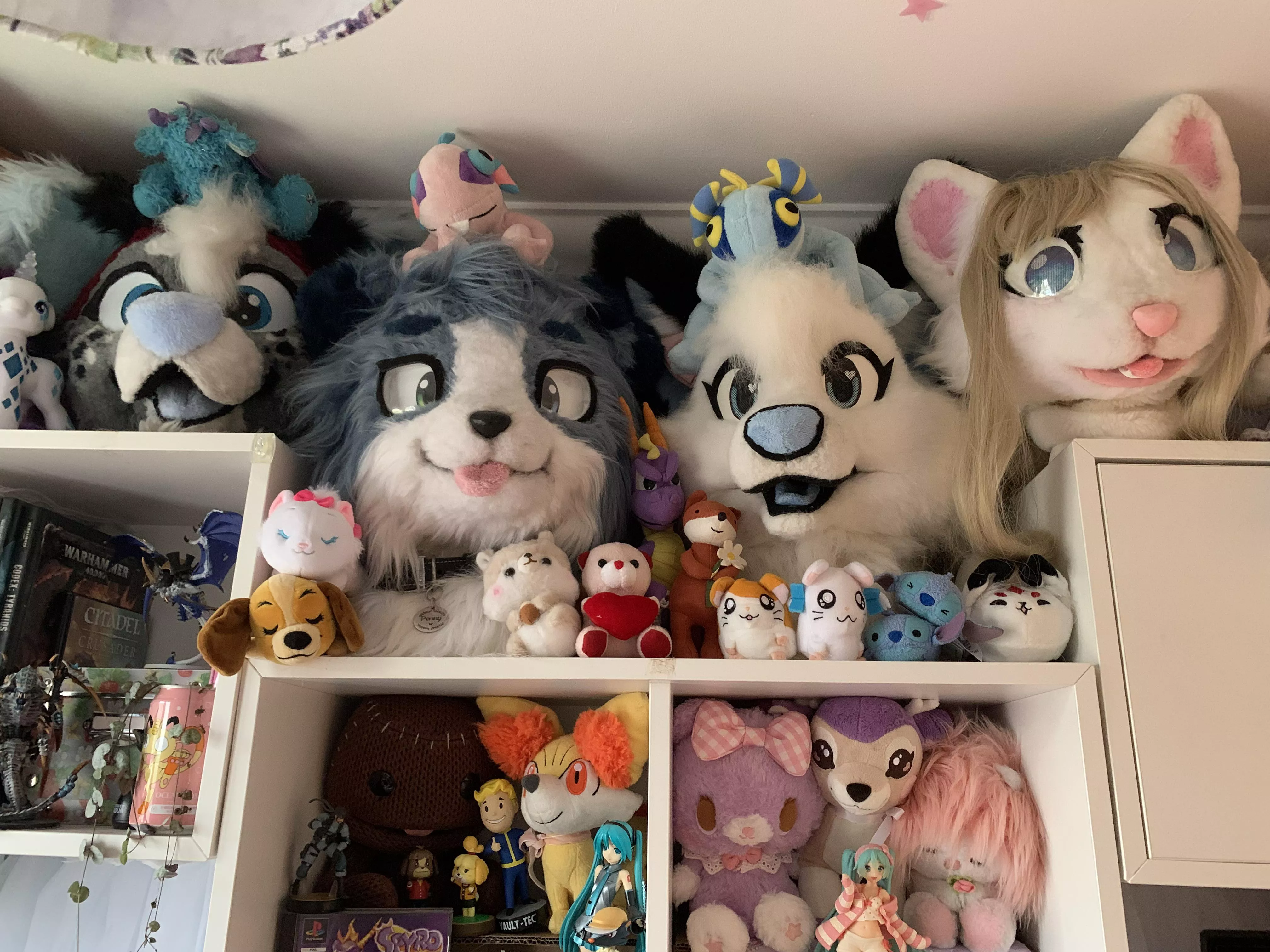 Finally have my four girls together on the same shelf, how do you store your fursuits?