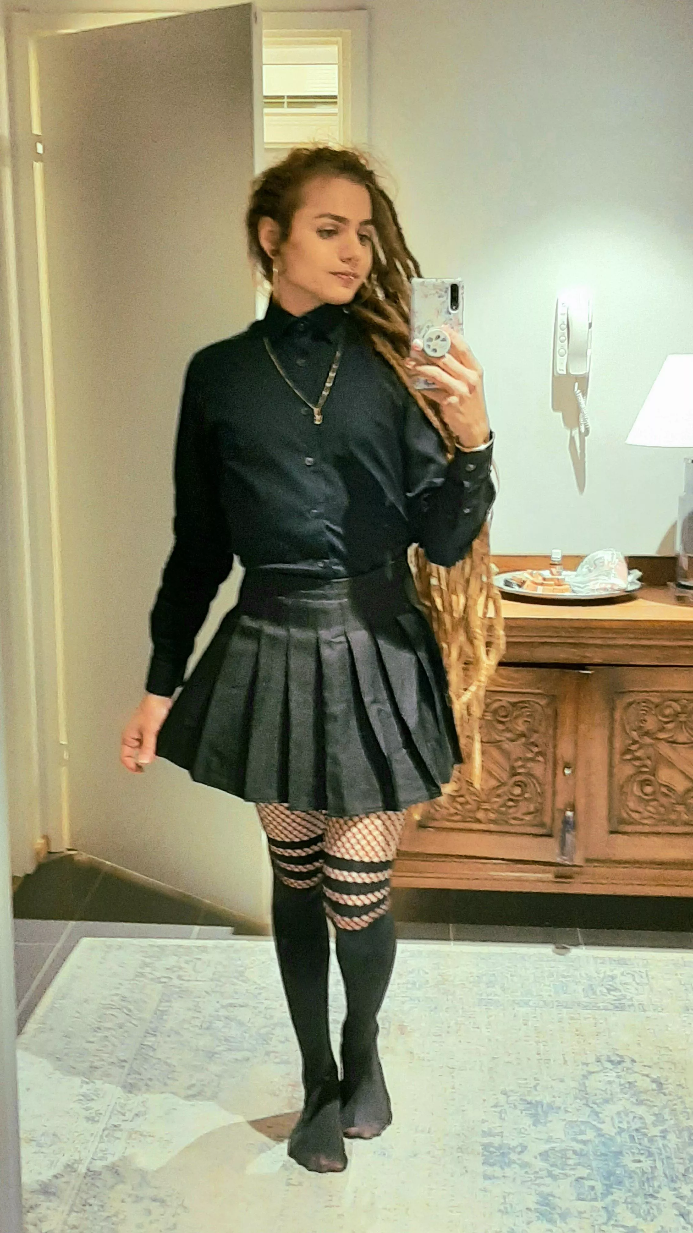 First time out in an actual skirt! Been dancing all night at a local goth club so I'm looking a bit messy :3 Also sorry for the blurry picture