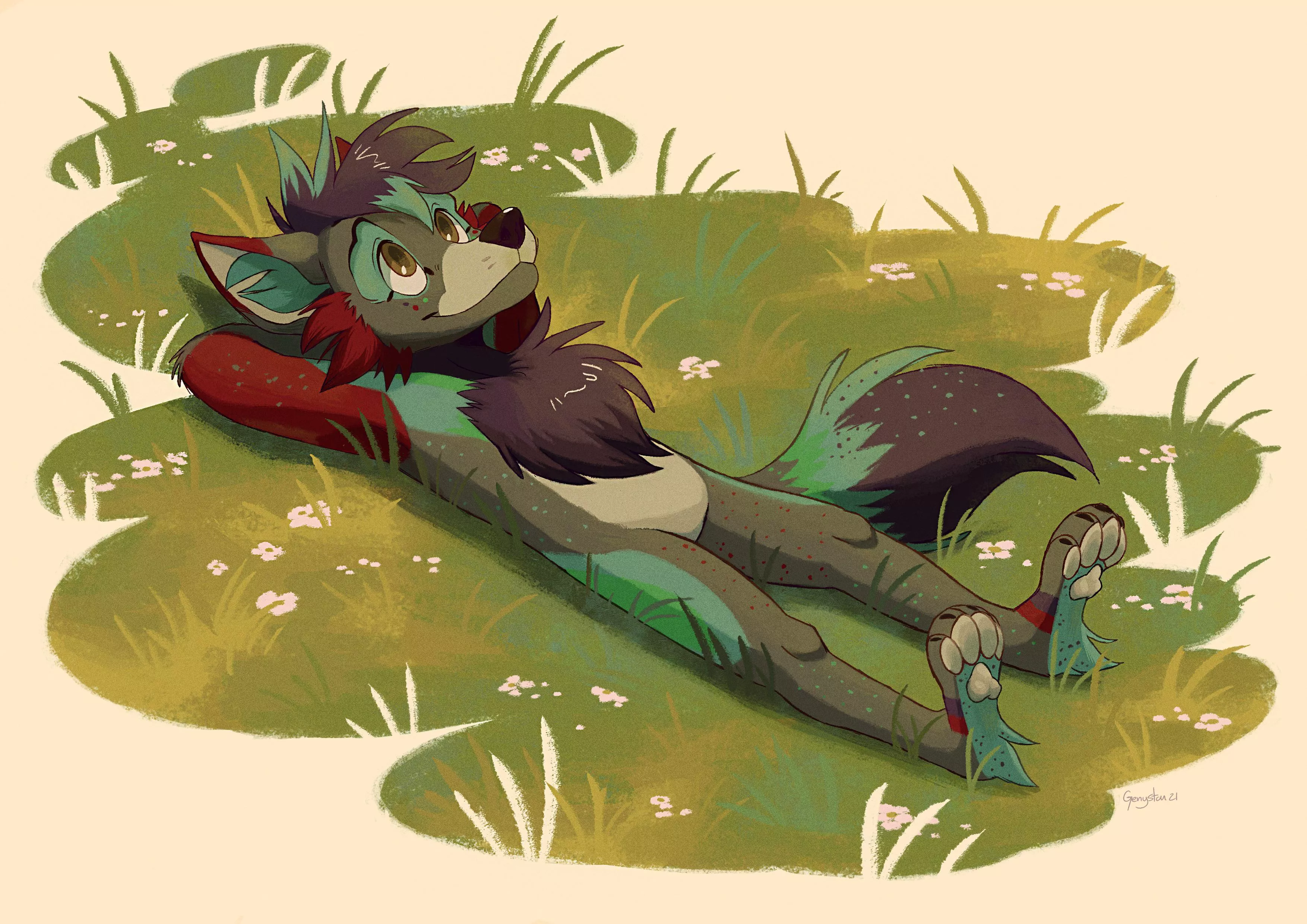 Fizz, relaxing among the grass. Art by @GGenystar on Twitter