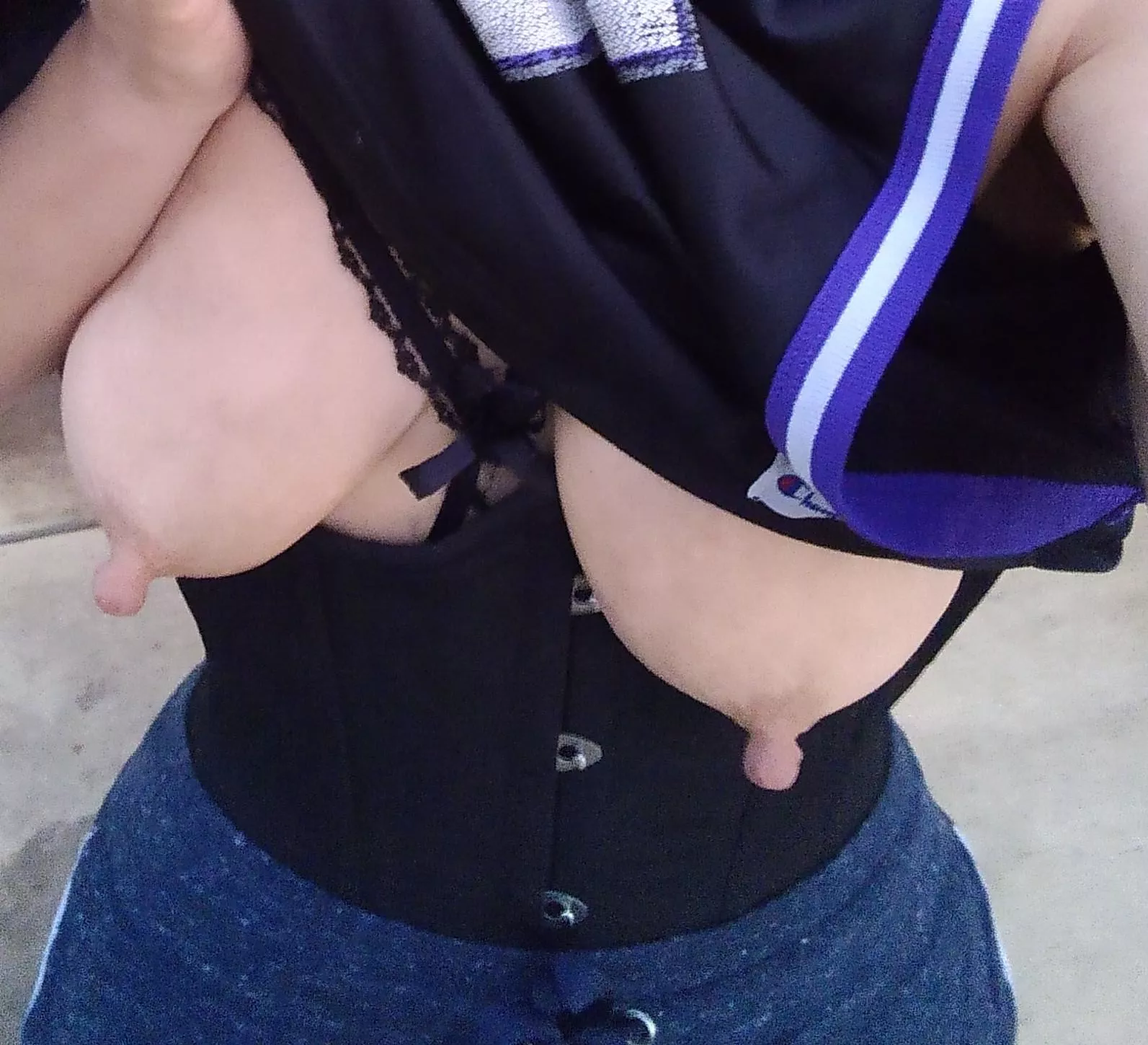 Flashed my thick nipples while waist training. Hope you likey. ;)