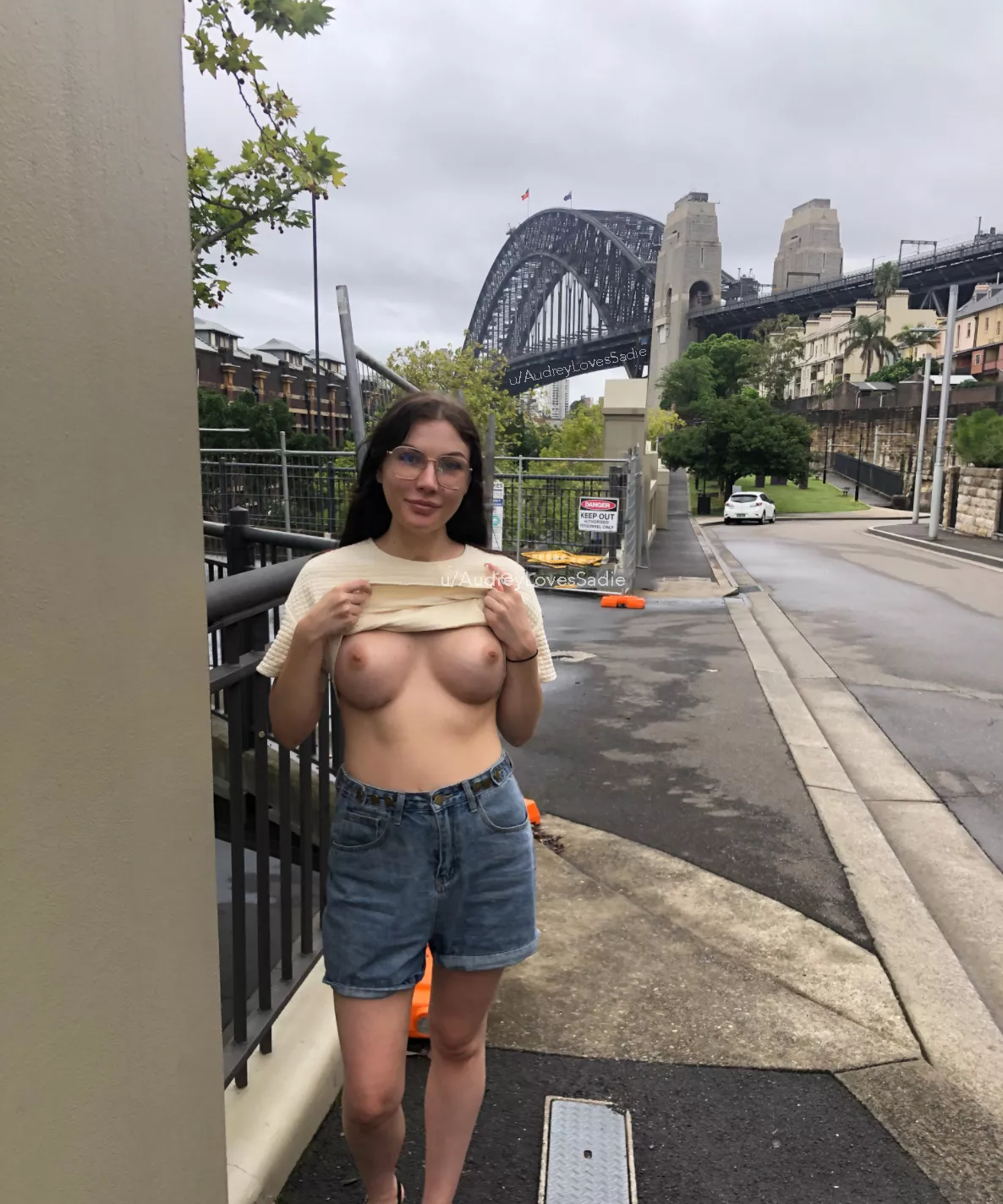 Flashing my tits in front of the Sydney Harbour Bridge.