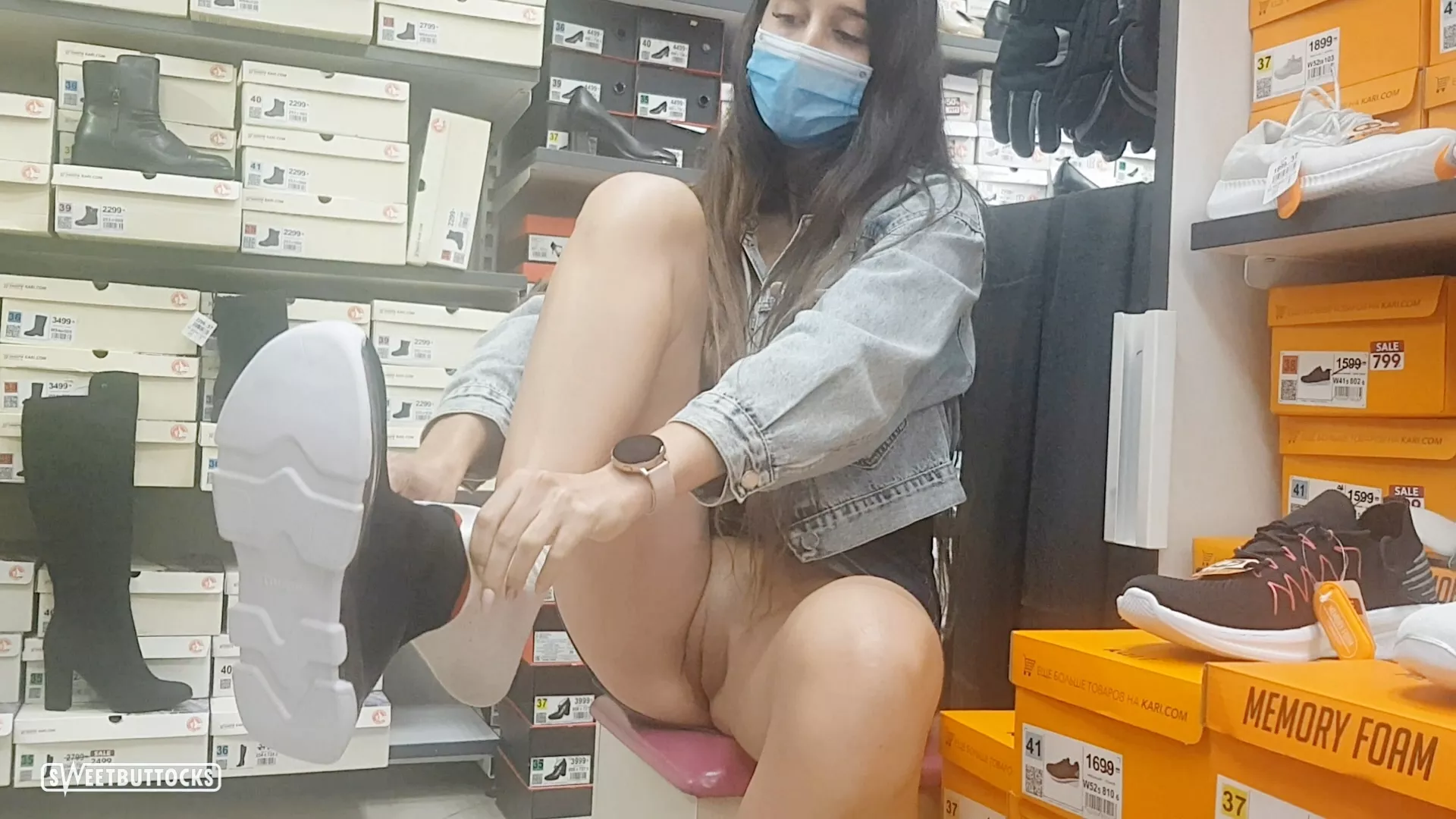 Flashing pussy in public shoe store in London.