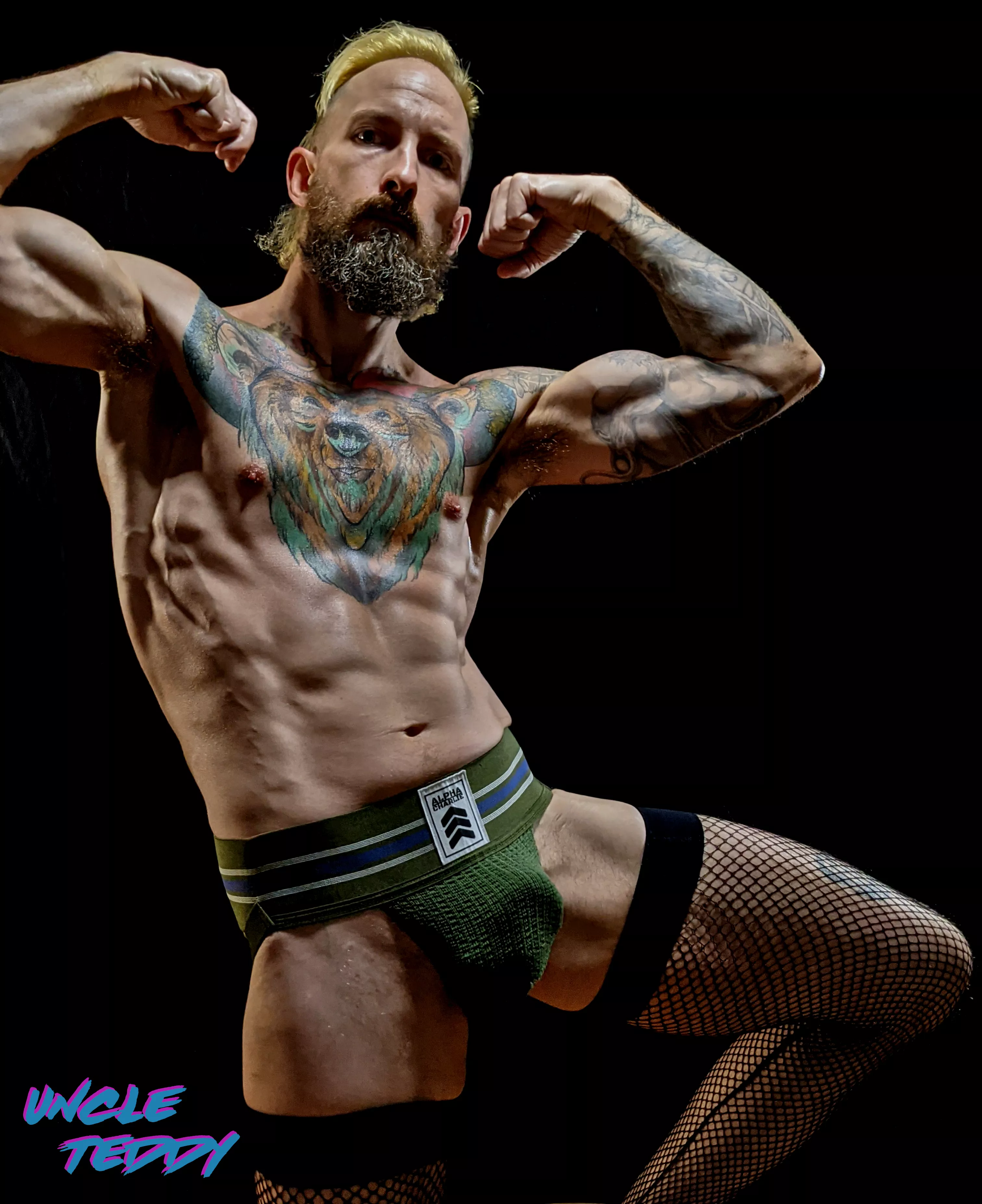 Flexing looks tougher in fishnets.