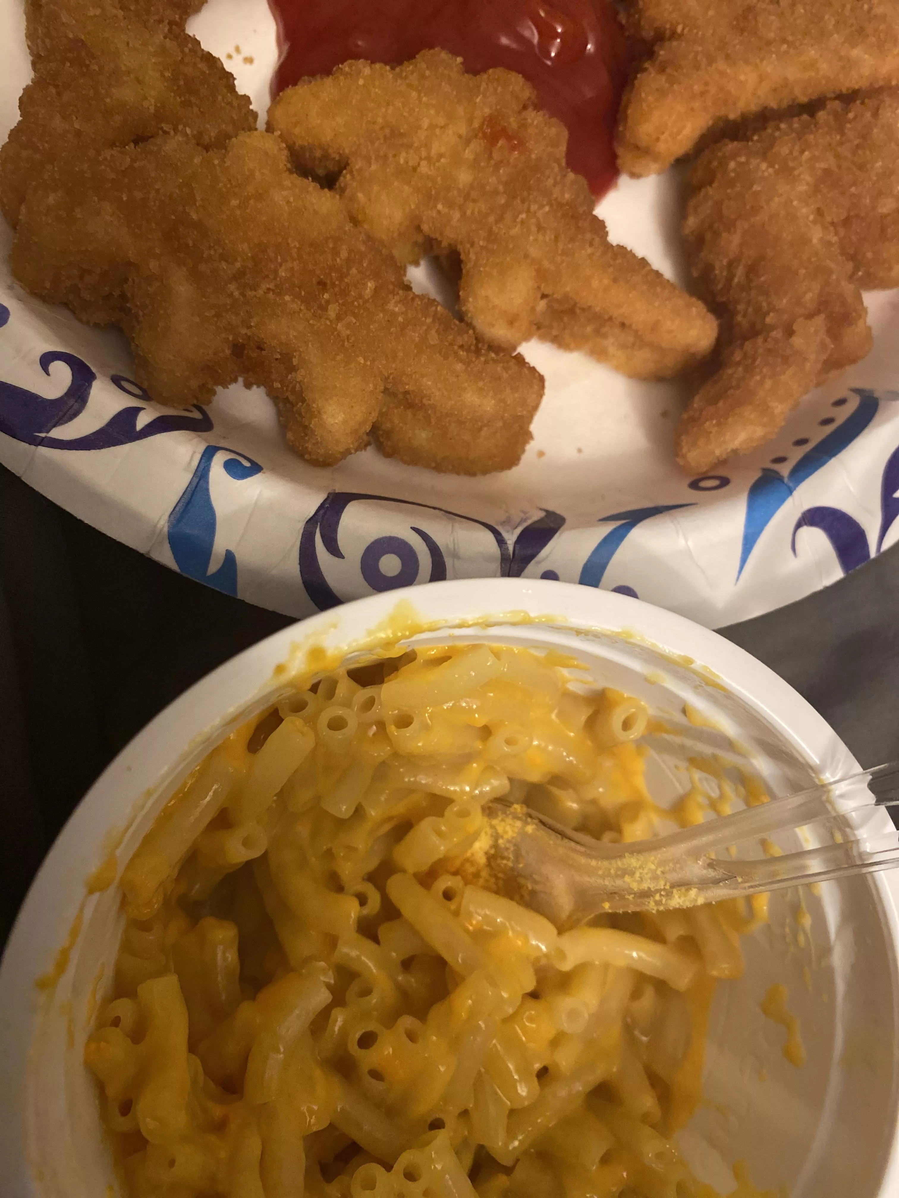 Food! Dino nuggies and Mac and cheese. Feeling under the weather and a lil sad. 🥺 Watching my comfort show Criminal Minds! ✨