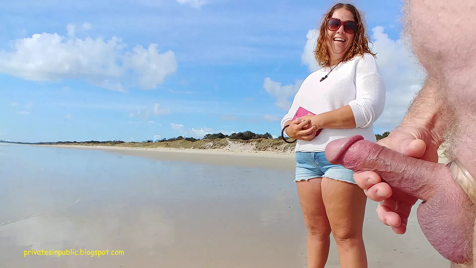 Forced public CFNM erection masturbation on the beach - she just loves making him get naked and handle his cock to get it hard for her viewing pleasure out in the open!