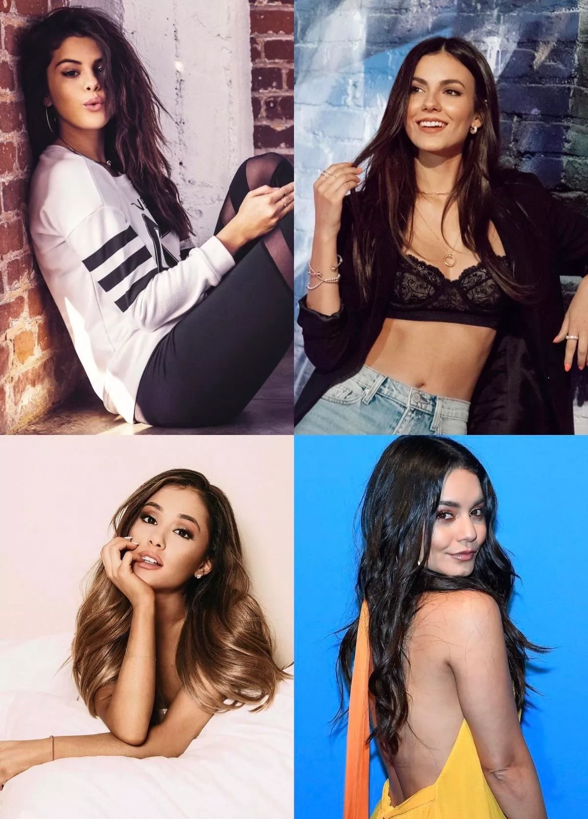 Four of my fave girls Selena Gomez Vanessa Hudgens Victoria Justice & Ariana Grande have me stroking hard today