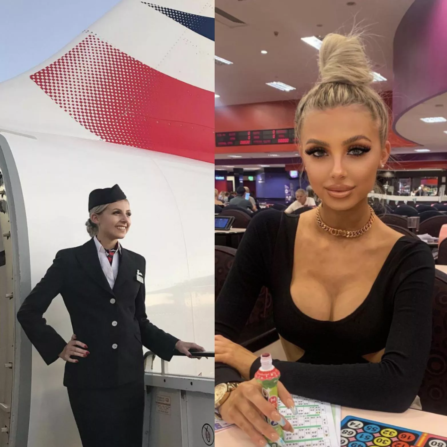 From cute flight attendant, to unrecognizable plastic doll! Fantastic!